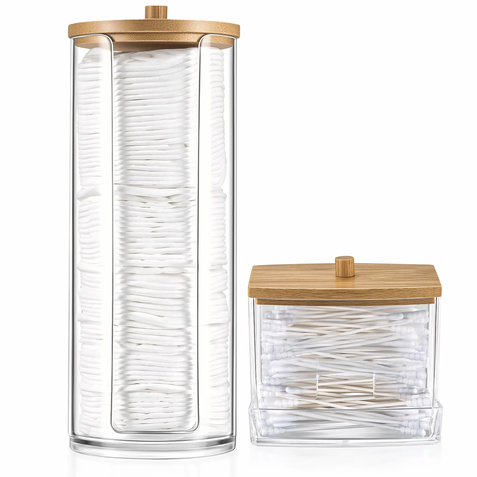 2 Piezas Dispensador Discos Desmaquillantes, Contenedor Soportes de Hisopos, Caja Organizador de Almohadillas Con Tapas de Bambú, Para Cosméticos Bolas de Algodón