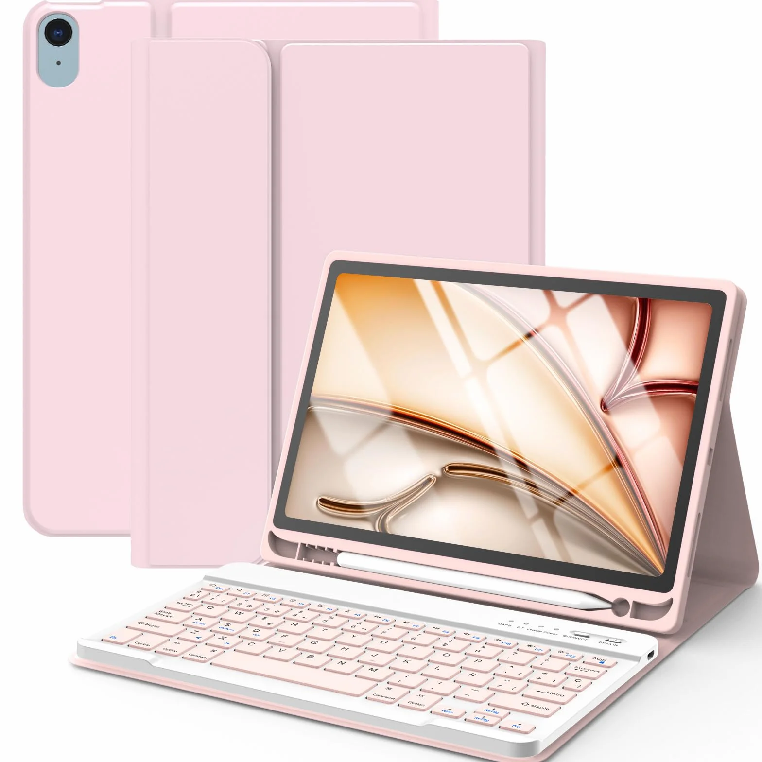 Funda con Teclado para iPad Air 11 M2 M3/5ª y 4ª Gen 10.9" 2022/2020, Auto Sleep & Wake, Teclado QWERTY Español, Funda con Portalápices Bluetooth Magnético Desmontable para iPad Pro 11" 2018 (Rosa)