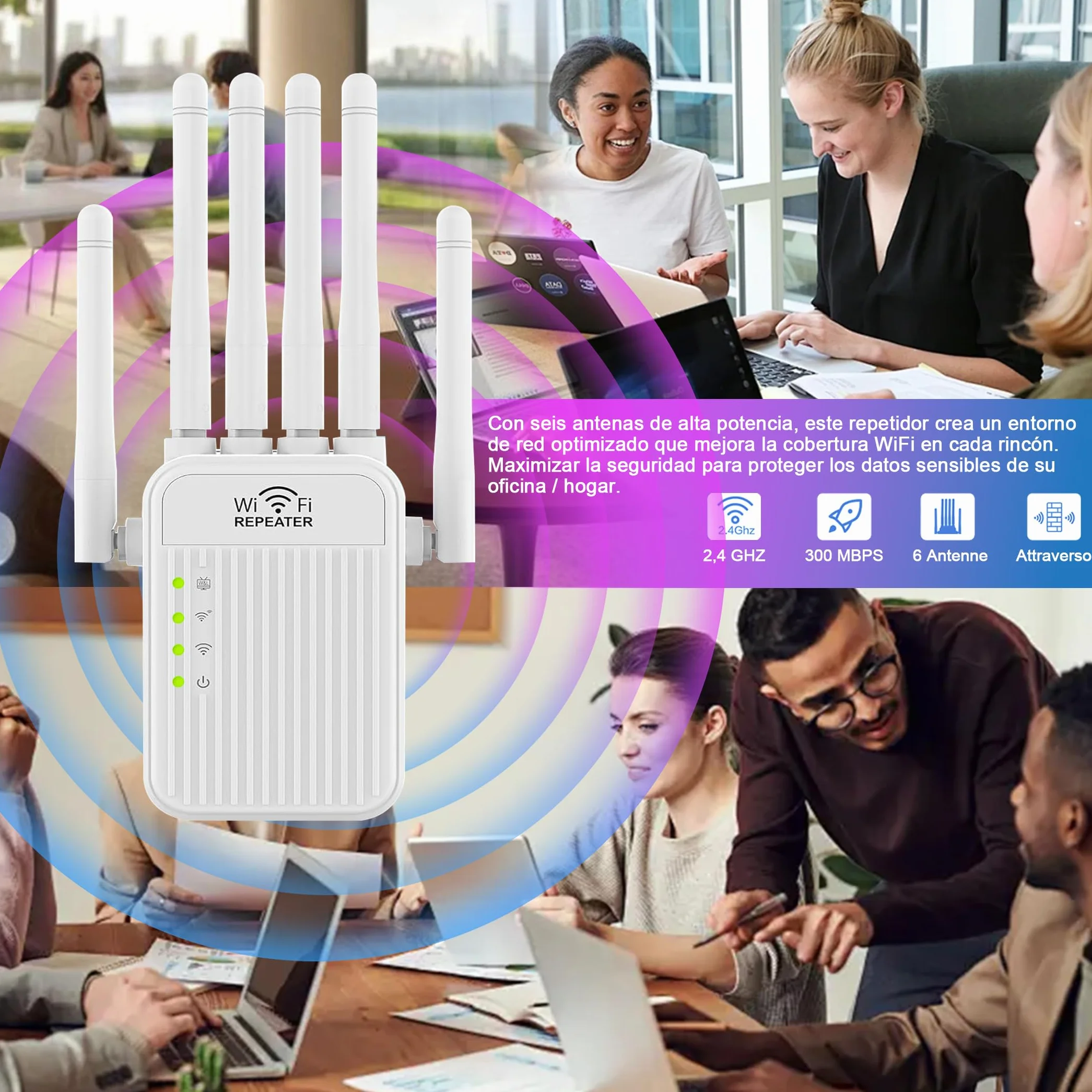 Amplificador Señal WiFi 5G / 2.4G Repetidor WiFi Largo Alcance, WiFi Extender con 6 Antenas de Alta Ganancia,2 Puerto LAN,Extensor de WiFi para casa y Oficina, Fácil de Instalar