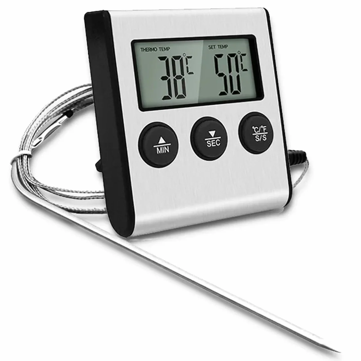 Greluma 1 Pieza Termómetro digital LCD grande para cocinar alimentos y carne, para ahumadores, hornos, cocinas, barbacoas, parrillas, reloj con temporizador y sonda de temperatura de acero inoxidable