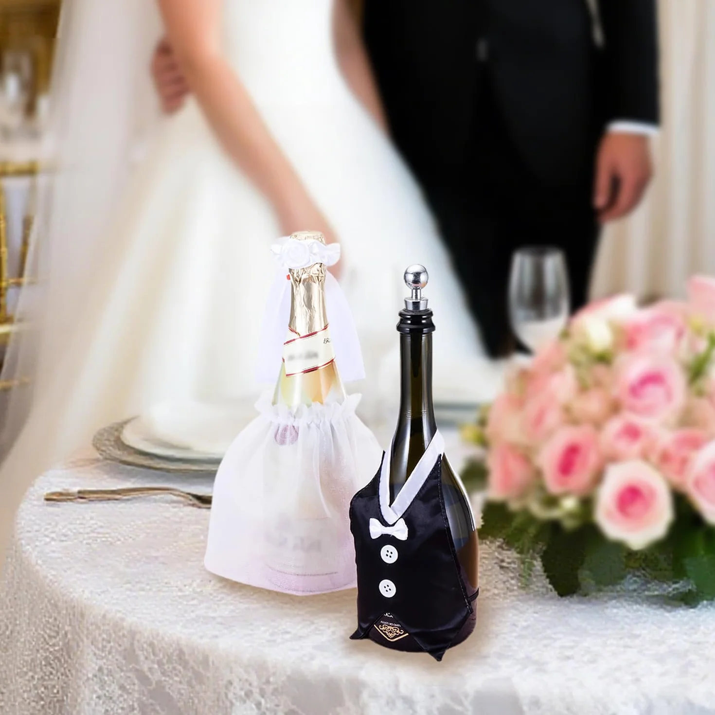 Decoraciones para Botellas de Vino de Boda, Juego de 2, Ajustables para Novios, Champagne