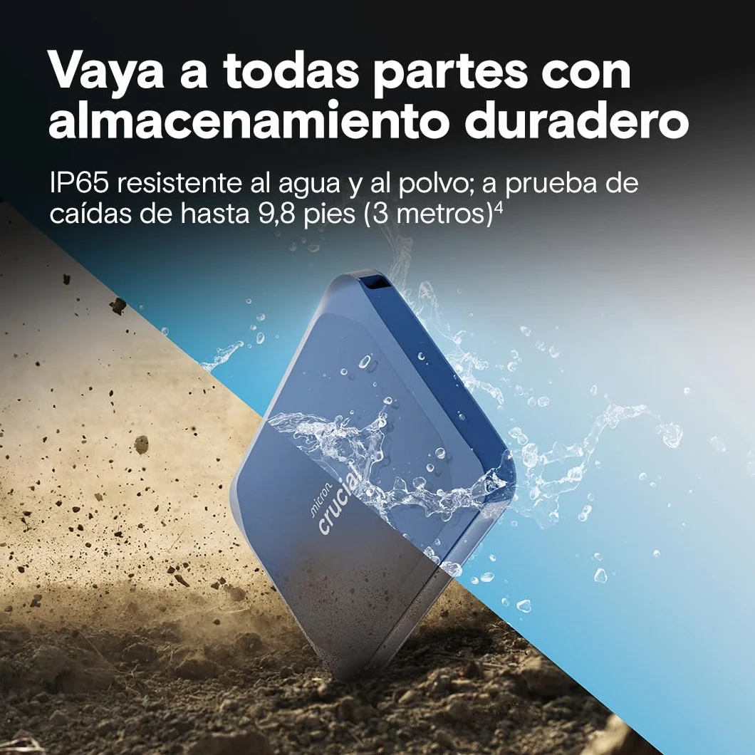 Crucial X10 2TB SSD Externo Portátil, hasta 2100MB/s, USB-C 3.2 Gen2, Clasificación IP65 de resistencia al agua y al polvo, Disco Duro Sólido Externo, Azul Mate - CT2000X10SSD9-02