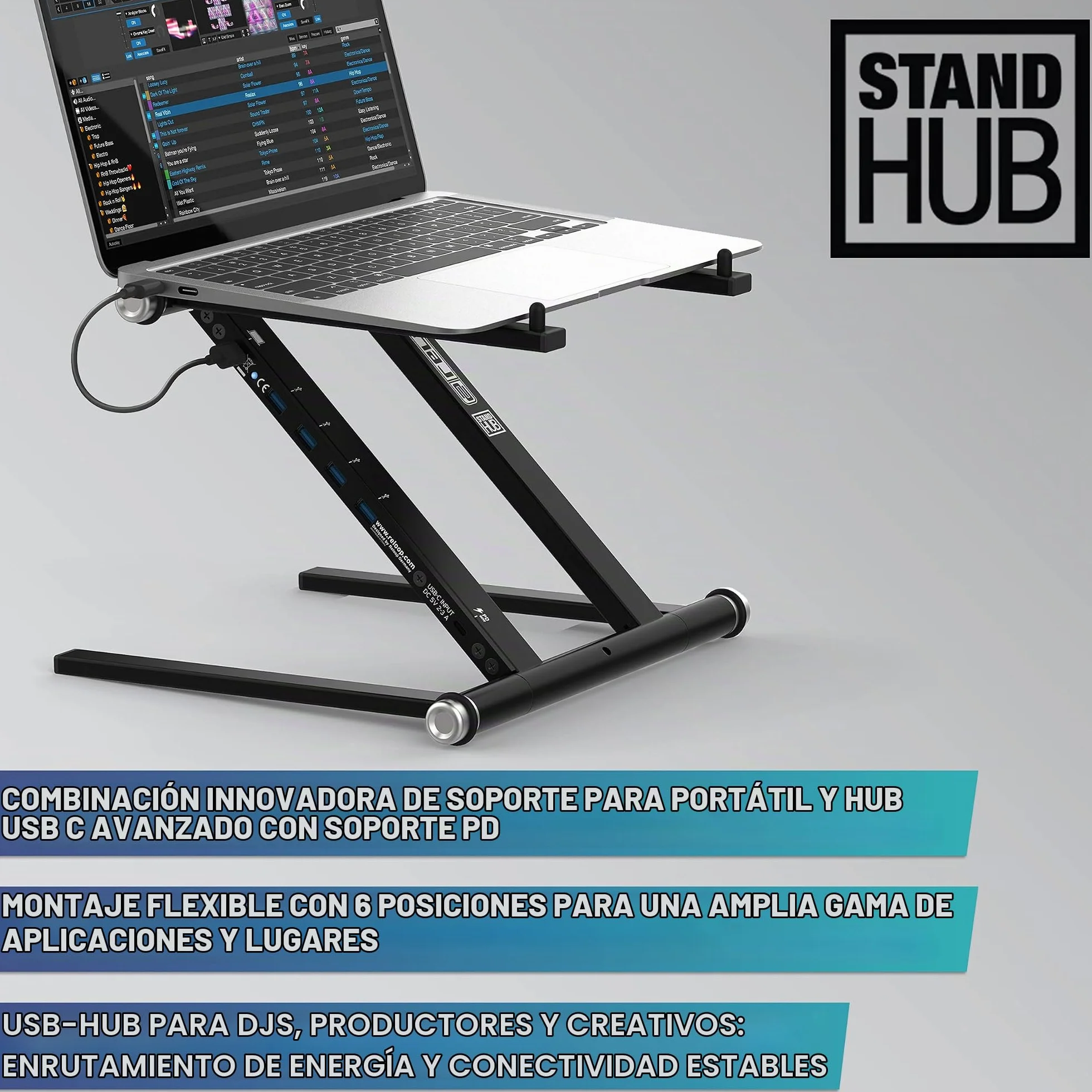 Reloop Stand Hub Innovadora combinación de soporte para portátil y hub usb-c avanzado con alimentación Powerdrive
