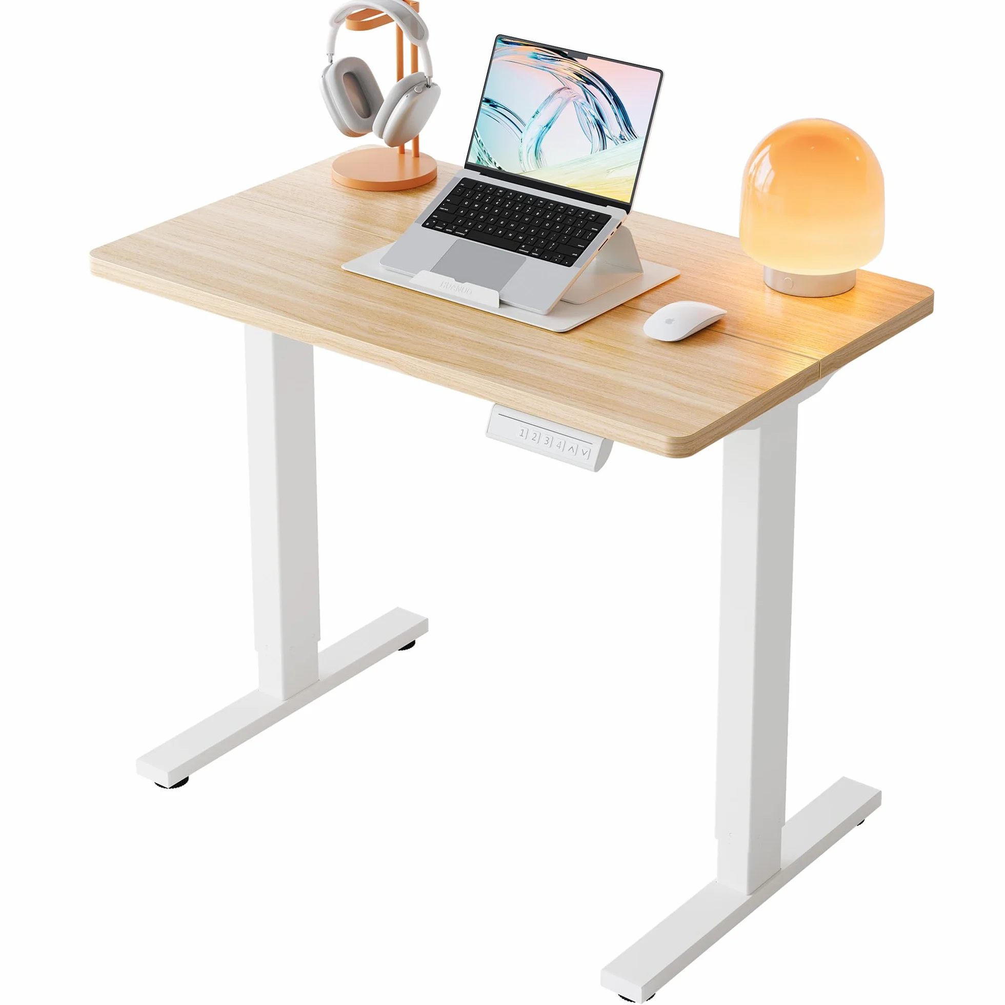 HUANUO 80 x 48cm Escritorio Eléctrico Regulable en Altura, 4 Configuraciones de Altura Memorizables, Escritorio para Trabajo en Casa y Computadora, Nogal Claro