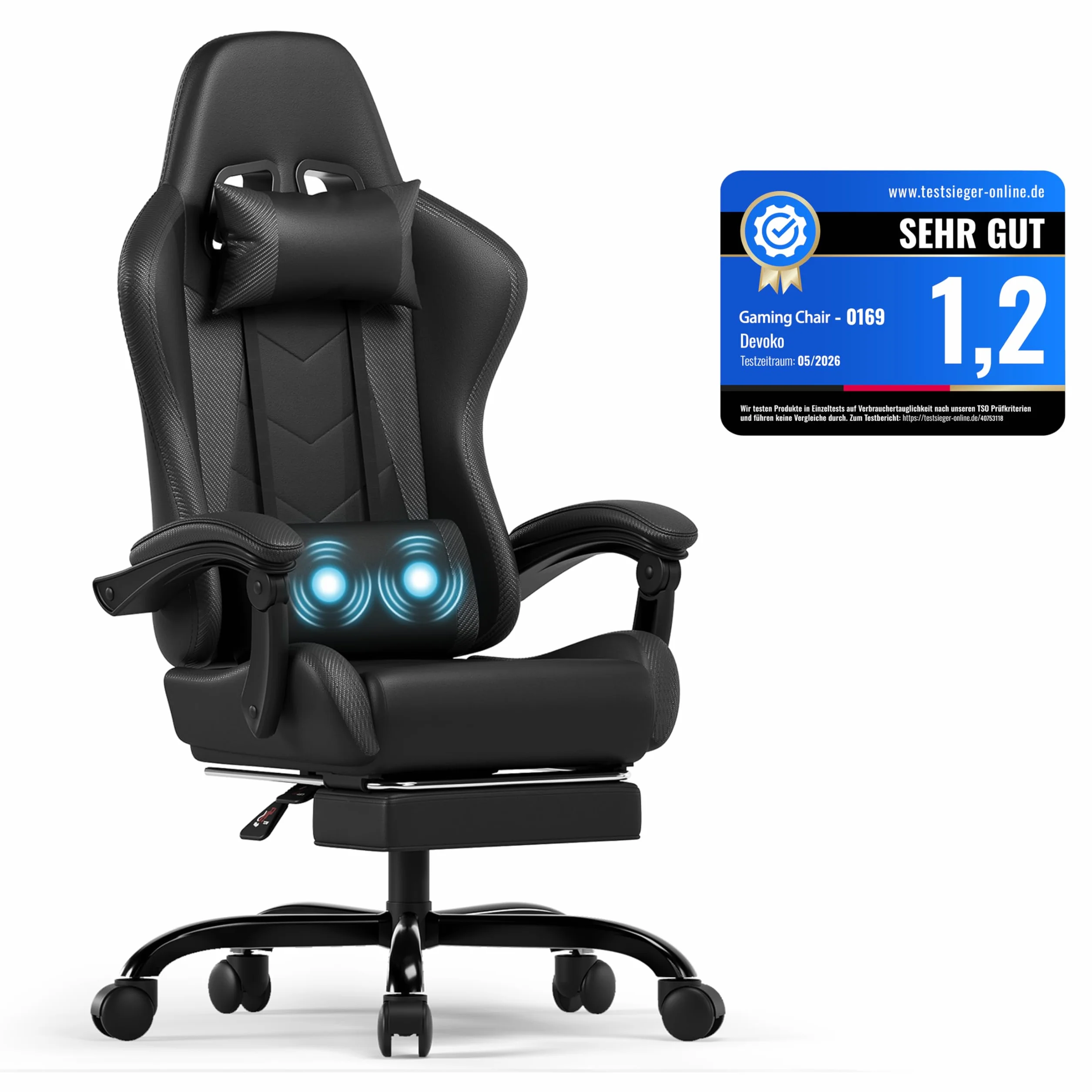 Devoko Silla Gaming con Masajeador y Reposapiés Reclinable 90-135° 150 kg Negro