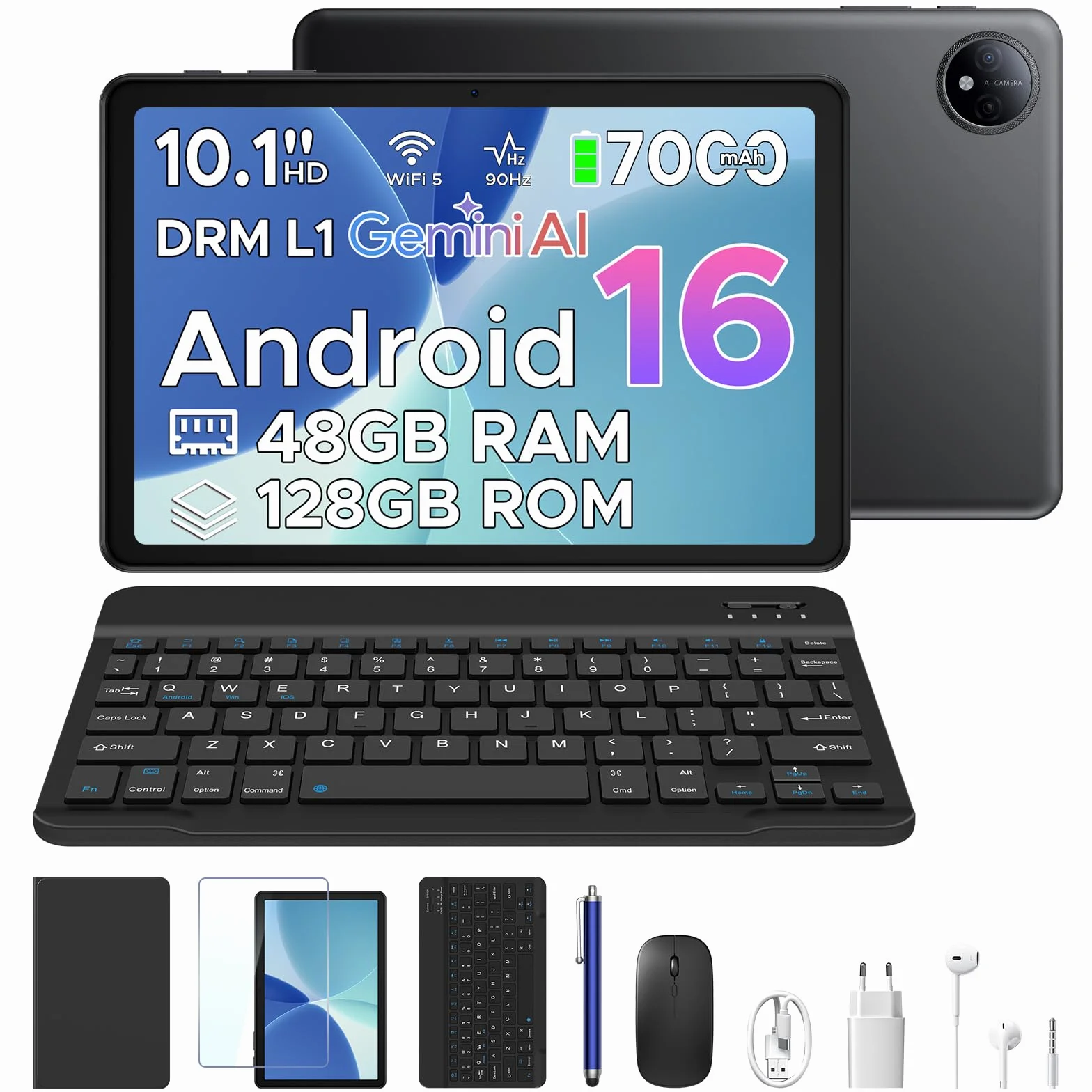 P10 Tablet 10 Pulgadas Android, Tablets Android 16 con Gemini AI, 48GB RAM+128GB ROM, 7000mAh, Unisoc T310 Quad-Core, 90Hz, 8MP+5MP, WiFi 5, Altavoces Duales, Face ID, Tablet con Teclado, Lapiz, Negro