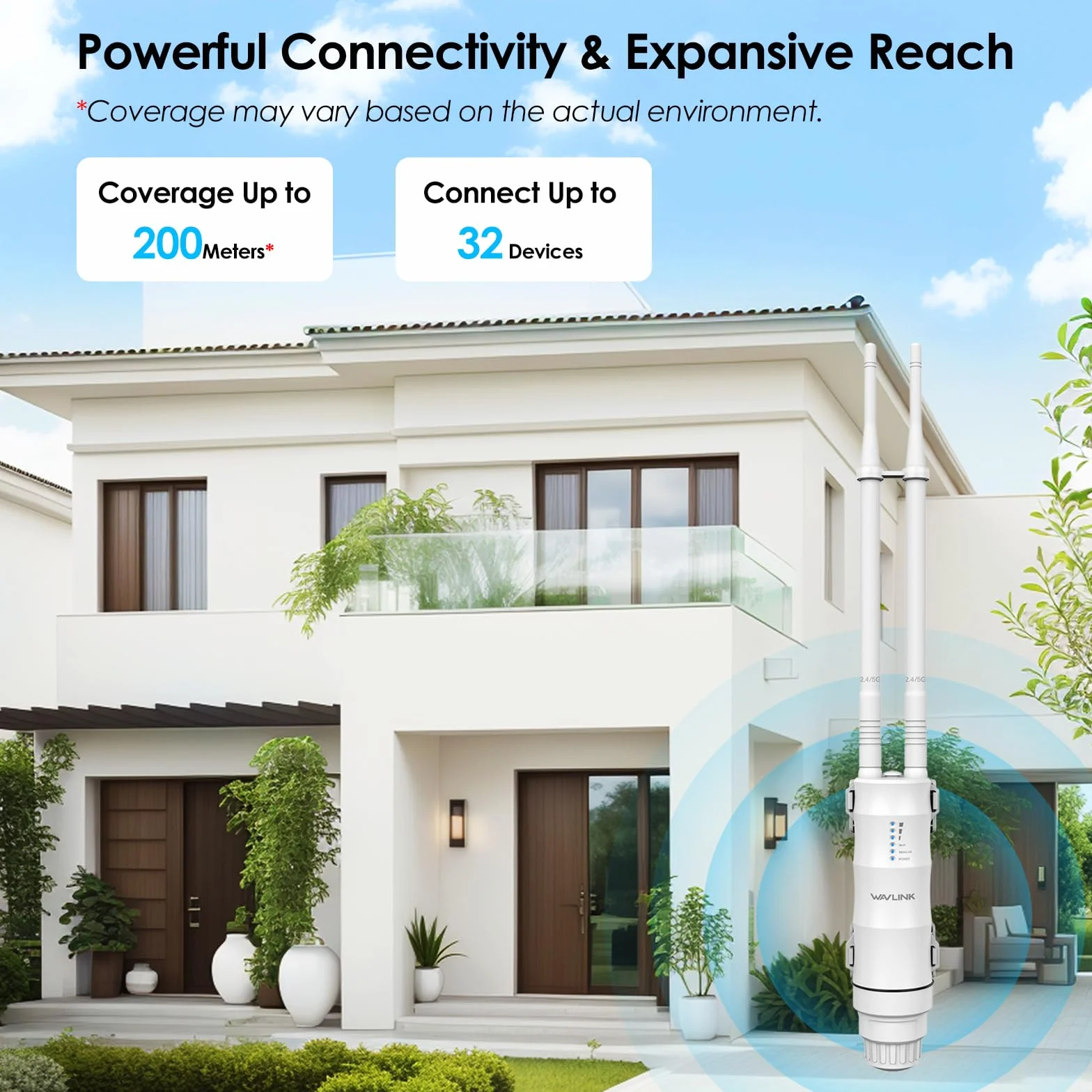 Repetidor WiFi Potente Exterior para Larga Distancia WAVLINK AC1200, Amplificador de Señal WiFi Exterior Doble Banda 2.4G + 5G, Outdoor WiFi Router Extender Access Point, Soporte PoE