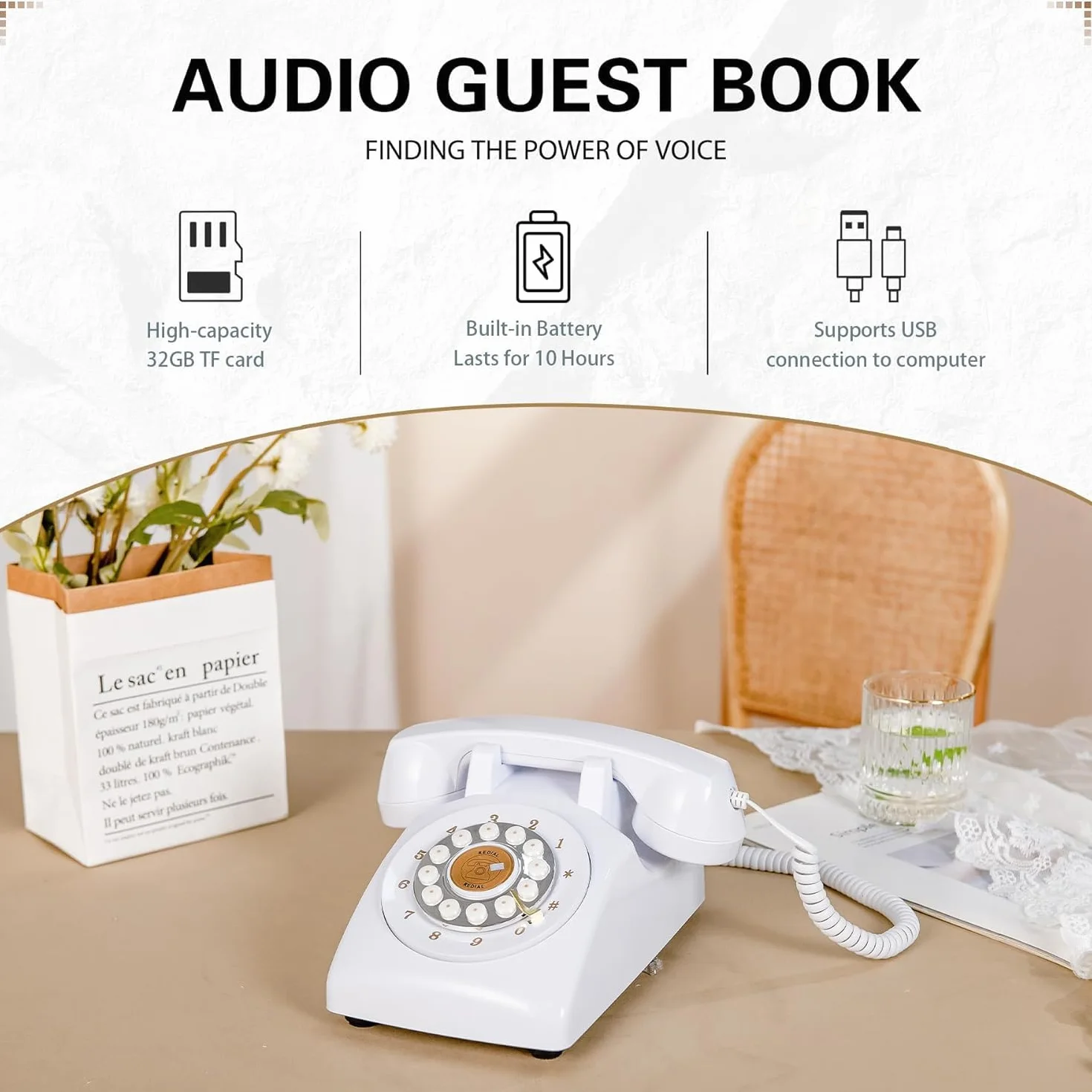 Libro de visitas de audio para teléfono de boda blanco