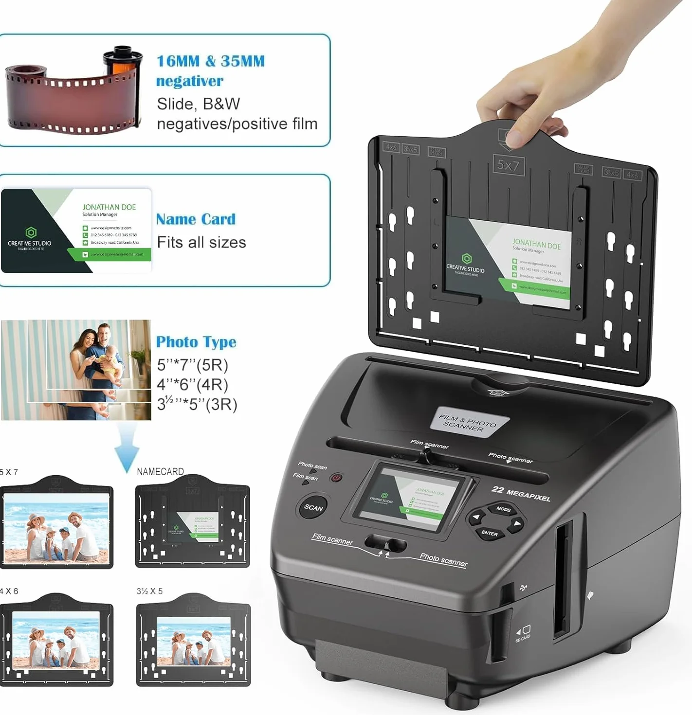 Escáner de fotos de película LCD de 22 MP, 2,4 pulgadas, convertidor digital, convierte negativos de 35 mm/135 mm, diapositivas y tarjetas de visita en JPEG digital, USB, tarjeta SD de 4 GB