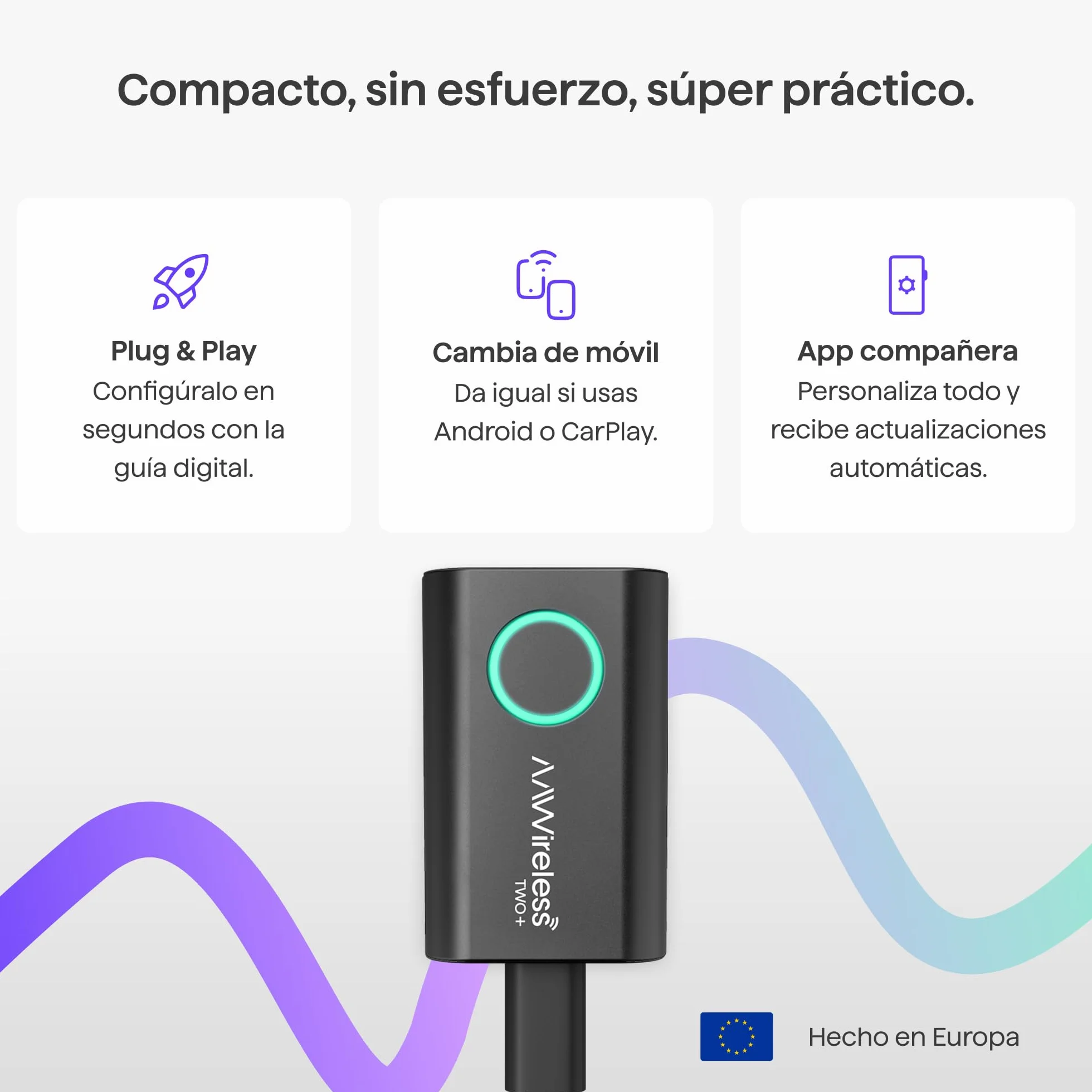 AAWireless Adaptador 2 en 1 para Android Auto y Apple Carplay, conexión inalámbrica a través de Bluetooth y WiFi, apto para iOS 10+ y Android 11+, botón multifuncional, fabricado en Europa