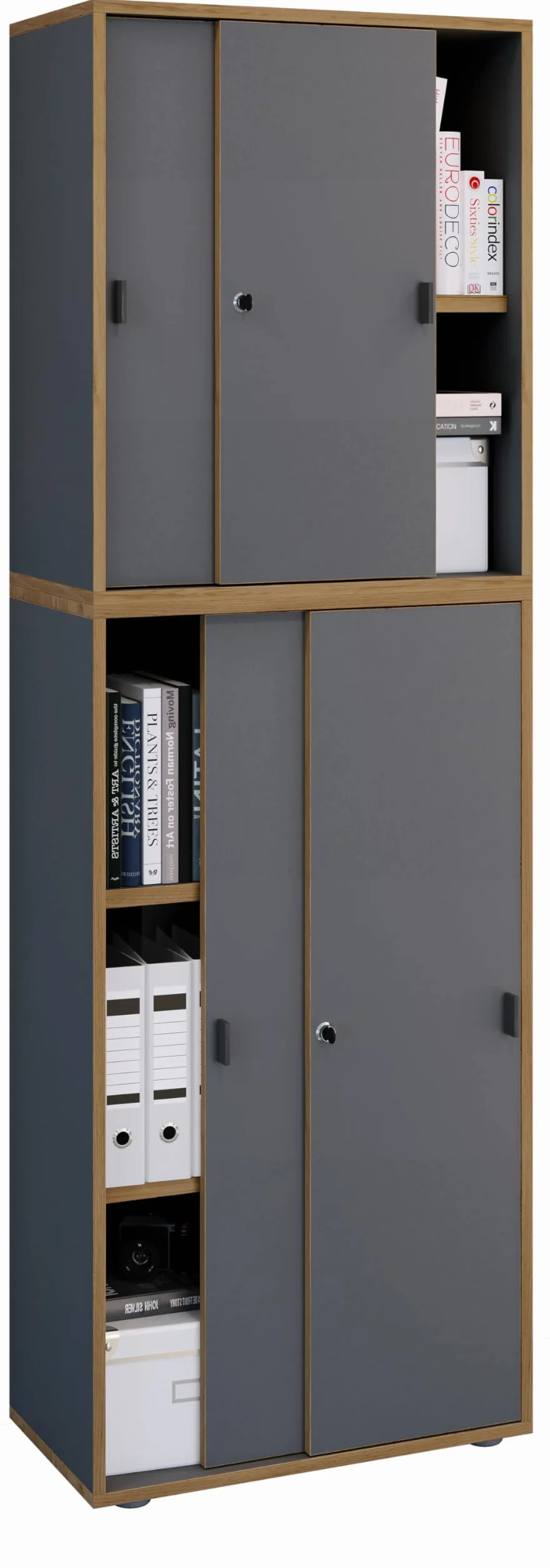 VCM Armario de Oficina de Madera Archivador Mobiliario de Oficina Armario Salia 5 Pliegues Anchura 60 cm Puertas correderas Antracita