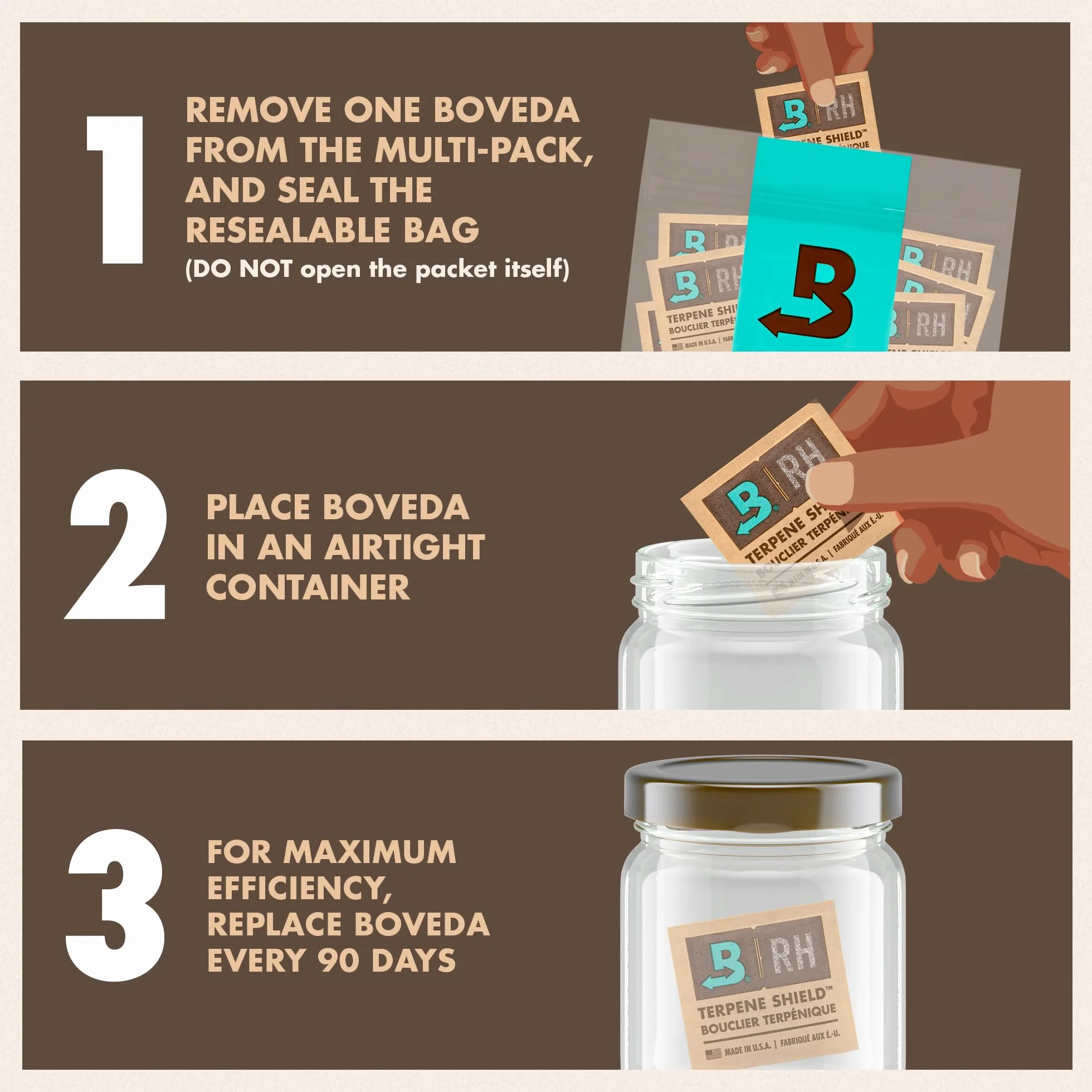 Boveda Bolsitas para almacenar remedios naturales Control doble de la humedad 58% HR Tamaño 8 para 30 g Pack de 10