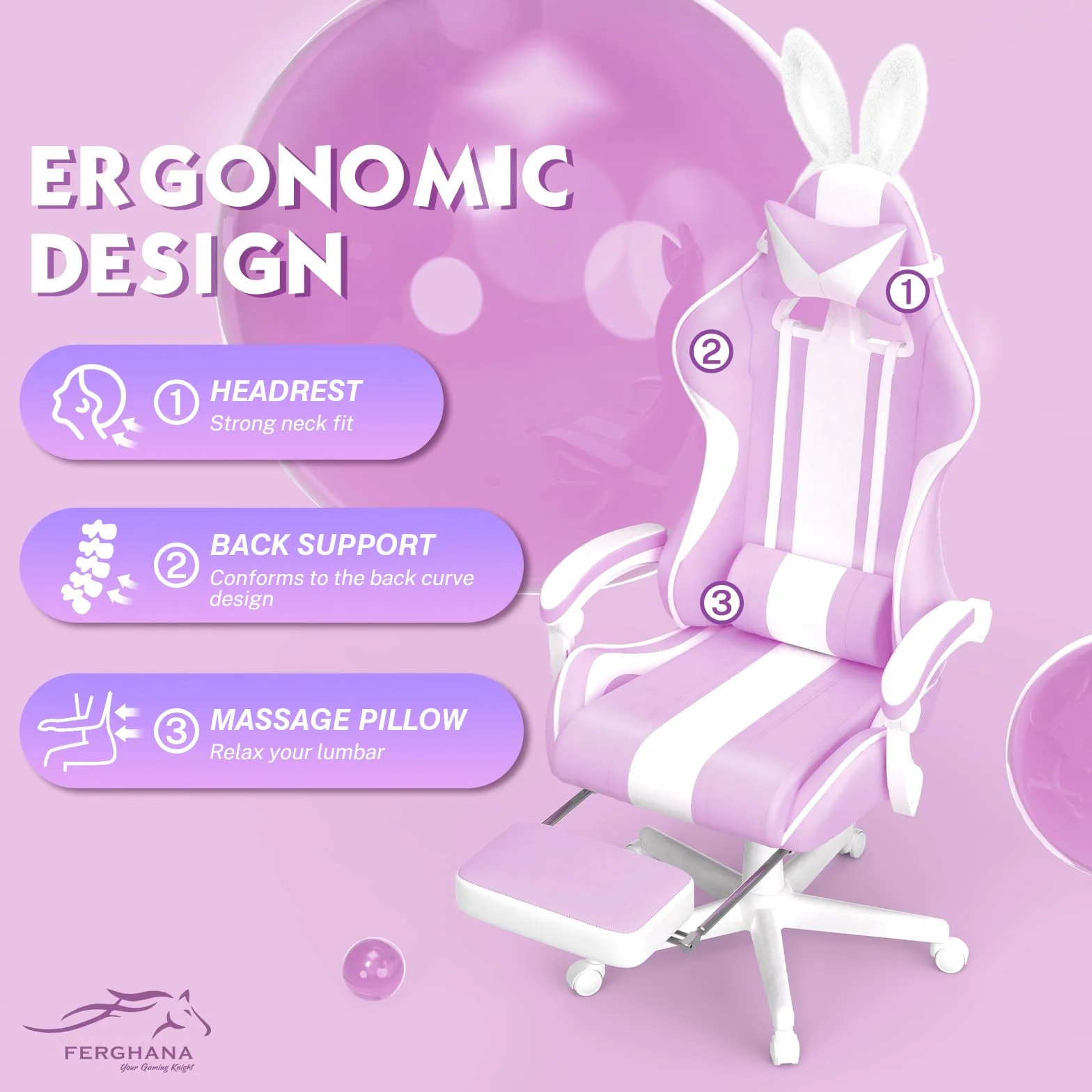Silla Gaming Ergonomica con Masaje Racing y Reposapiés Kawaii Morado