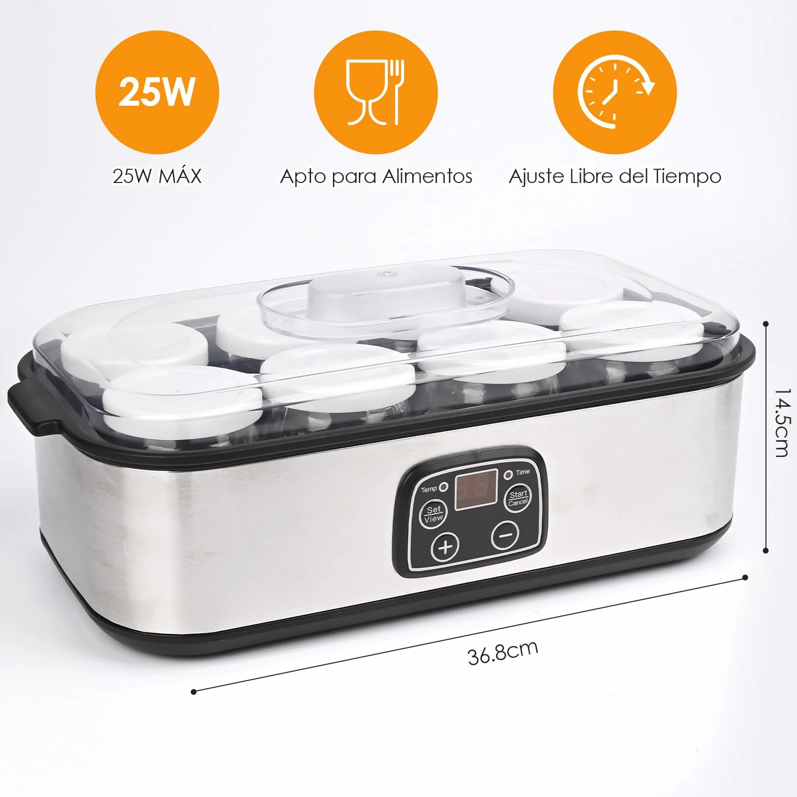 Dreamhigh Yogurtera Eléctrica 1.4L 8 Tarros de Cristal 180ml Temporizador 1-48H Apagado Automático