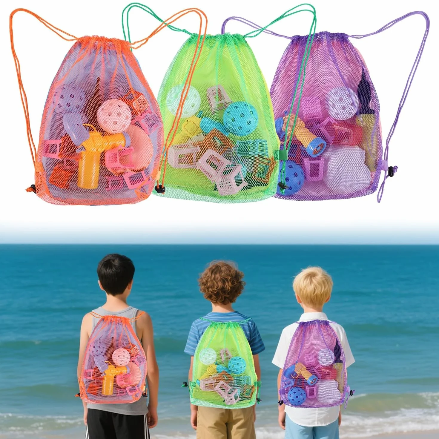 Bolsas de juguetes de playa para niños - Mochilas de malla con cordón para almacenamiento de arena, redes ligeras y duraderas