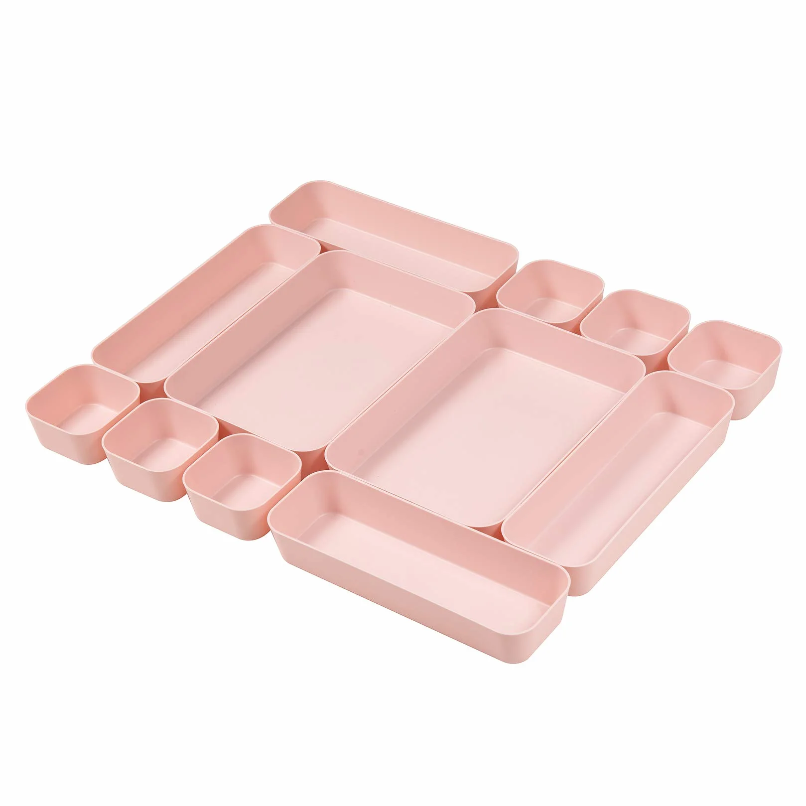 Juego de 12 organizadores de cajones de plástico rosa para maquillaje y oficina