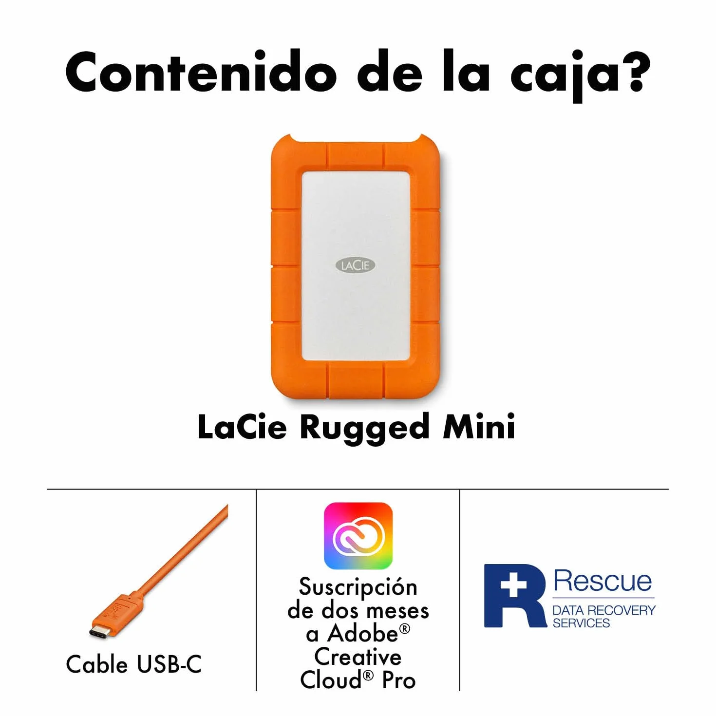 LaCie Rugged Mini 2TB, disco duro externo portátil, 2.5", para PC Mac iPad & iPhone, Data Rescue Services (LAC9000298)