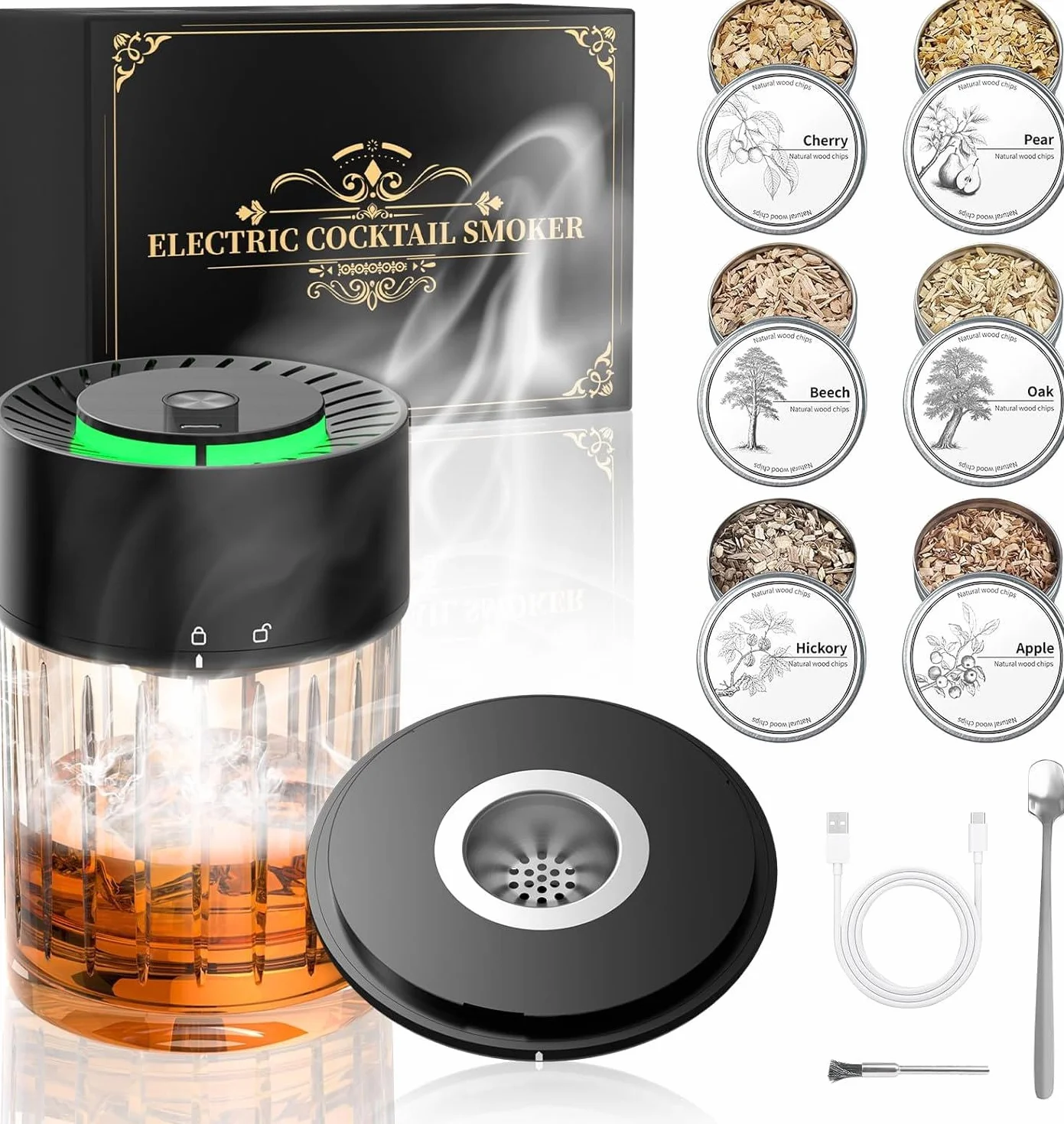 Kit Affumicatore Elettrico da Cocktail con 6 Schegge in Legno per Bevande