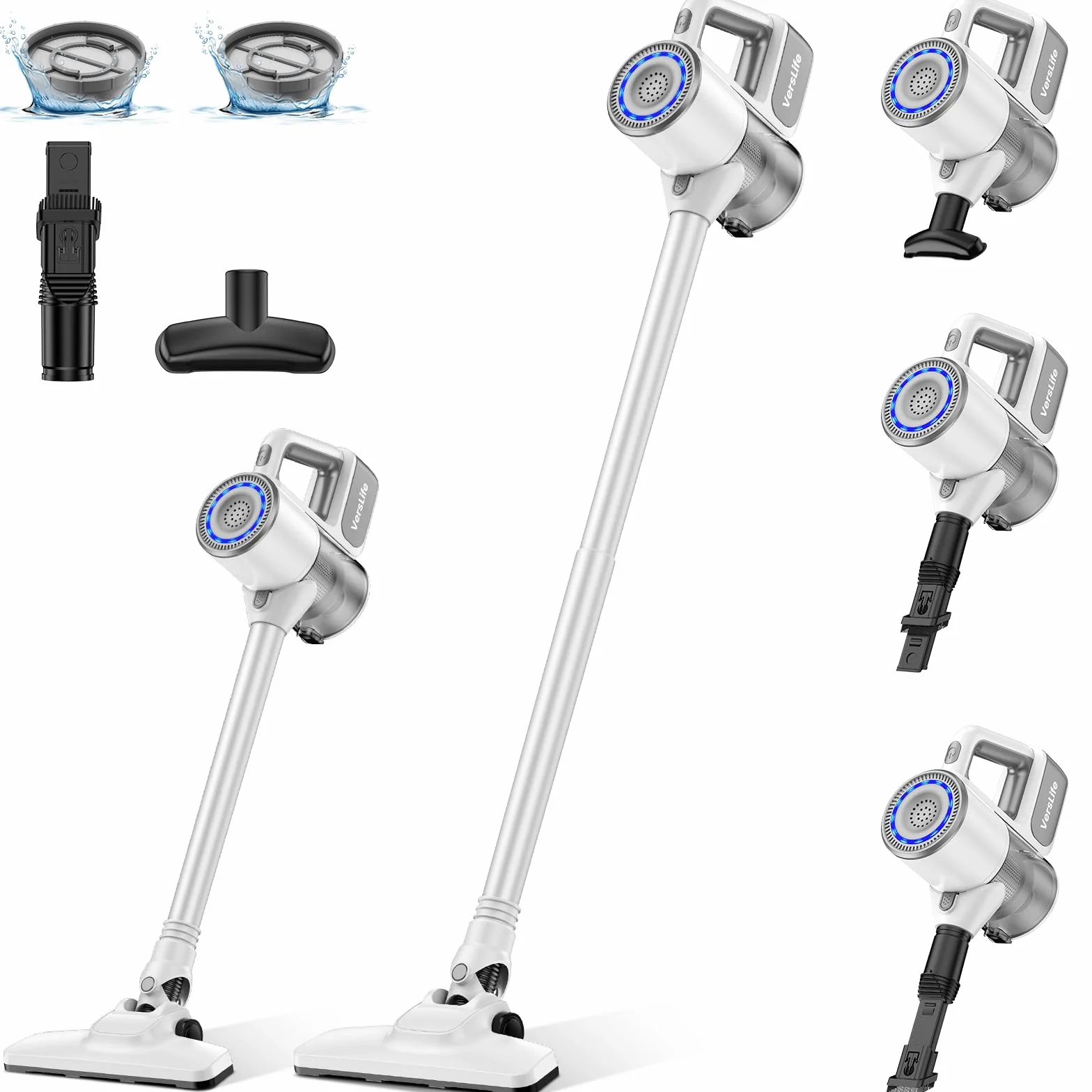 VersLife Aspiradora sin Cable S6PRO,30KPa Escoba Aspiradora sin Cable Potente,Diseño Sin Enredos,Filtración HEPA,Aspirador Vertical Ligera con Accesorios Multifuncionales para Suelos y Mascotas