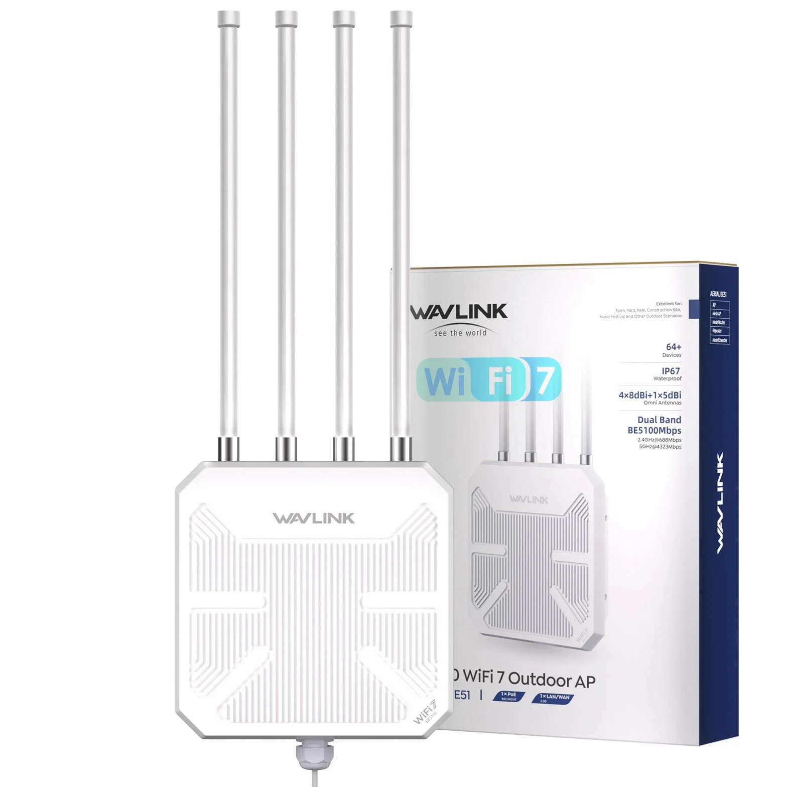 Router WiFi 7 WAVLINK Exterior BE5100 Mesh, Repetidor, Punto de Acceso, IP67 Impermeable, Protección Antirrayos 4KV, PoE Activo/Pasivo, Antenas 8dBi, Largo Alcance para Zonas Rurales y Empresas