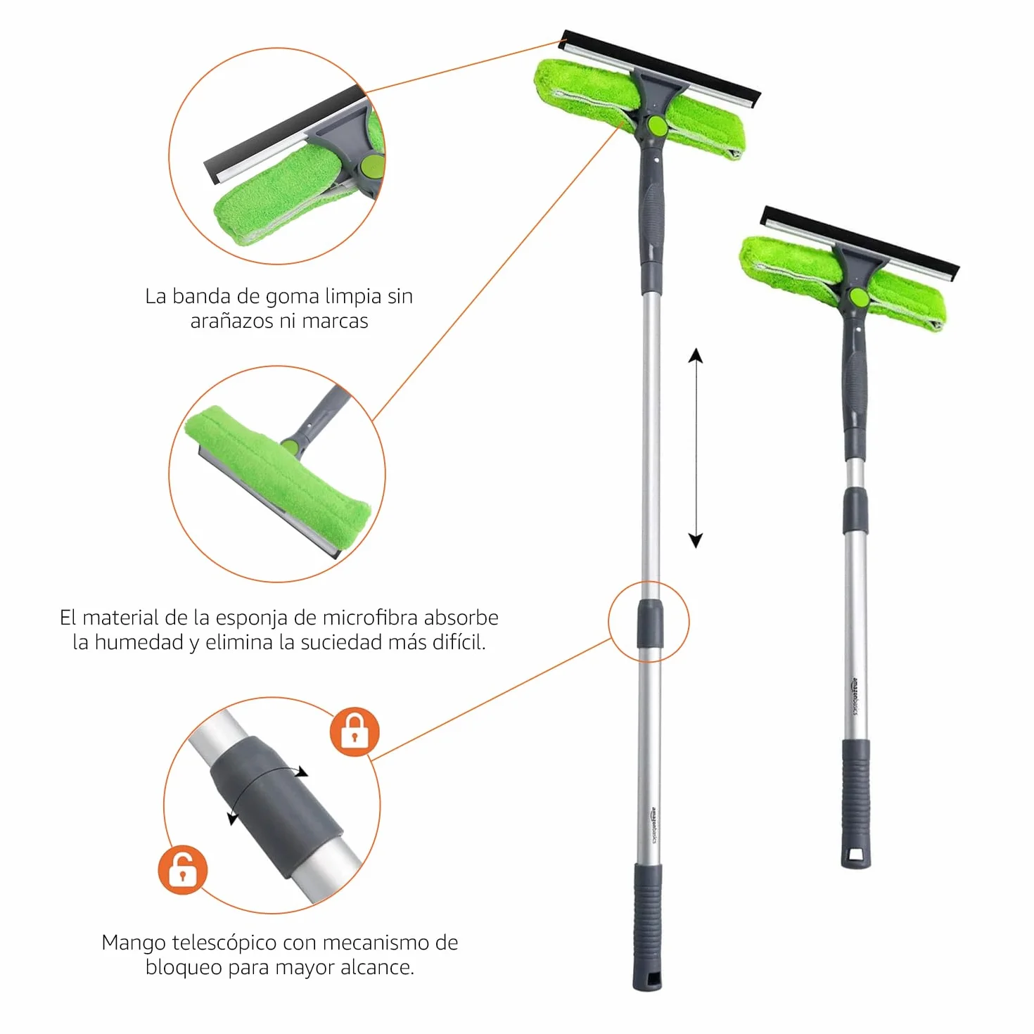 Amazon Basics Limpiacristales Extensible Cabezal Giratorio 180° Mango Telescópico 66-96,5 cm