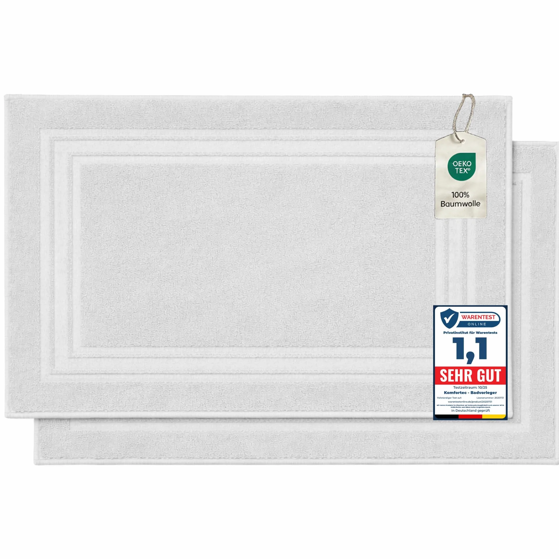 Alfombras de Baño de Algodón 50x70 600 g/m² Absorbente Secado Rápido Blanco Komfortec