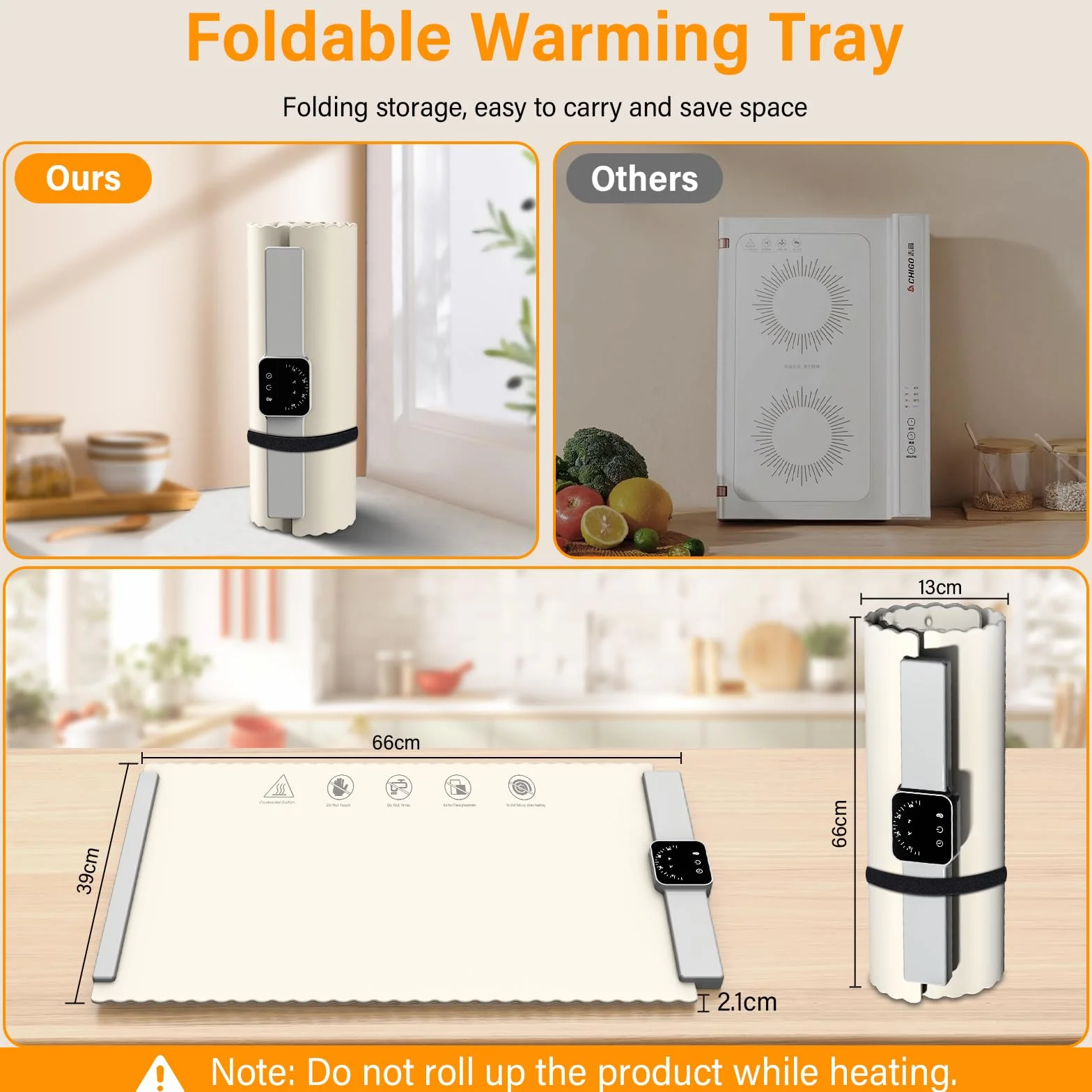 Tabla Calentadora de Alimentos Plegable 60-100℃ Eléctrico Portátil con Temporizador