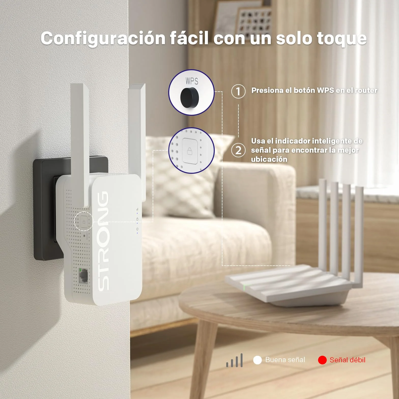 Strong Repetidor WiFi 6 AX3000 de Pared – Amplificador señal WiFi Potente Largo Alcance, Dual Band con Antenas externas, WiFi Extender para casa, Streaming y Gaming