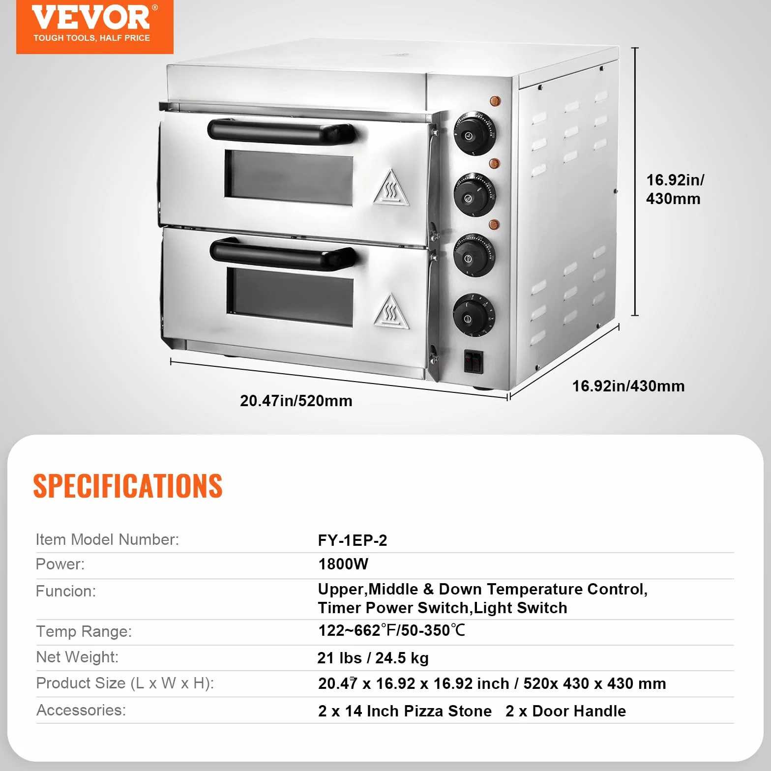 VEVOR Horno de Pizza Comercial Eléctrico de Encimera Doble Piso, Acero Inoxidable con Piedra, 520 x 430 x 430 mm