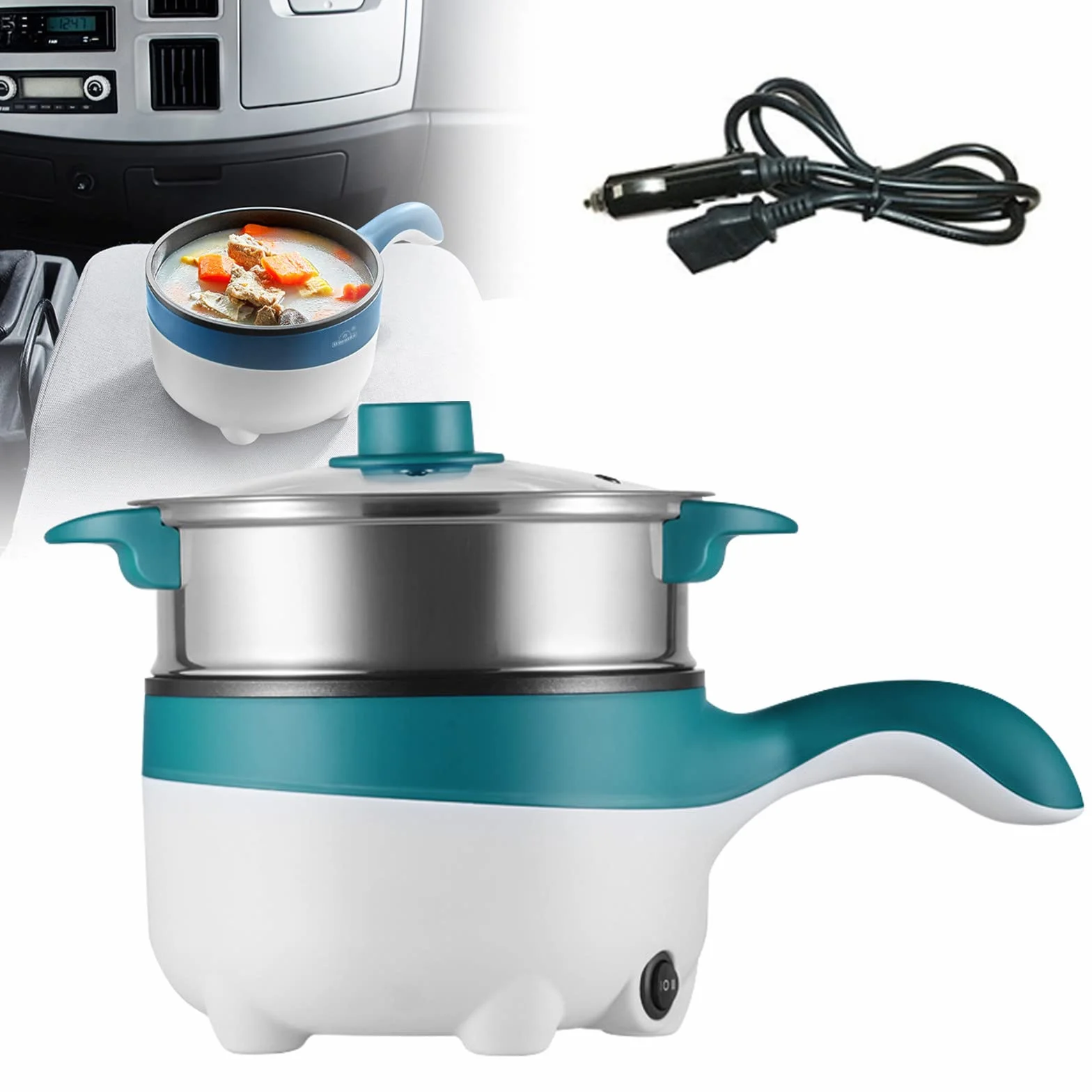 Sartén Eléctrica para Coche de 12V/24V con Vaporera, Sartén Eléctrica Antiadherente de 2L de 18 Cm, Mini Olla Eléctrica de Viaje para Pasta, Fideos, Verduras, Carne, Huevos,12VGreen