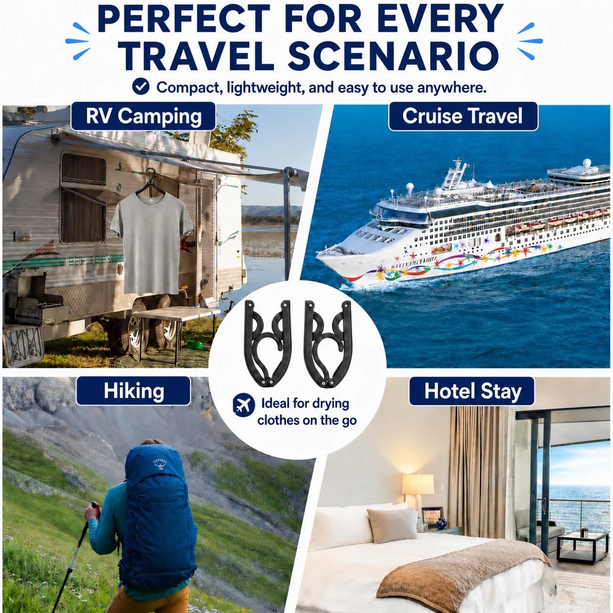 Perchas de Viaje Plegables 12 Unidades Negro para Cruceros Prendas Secado Ropa