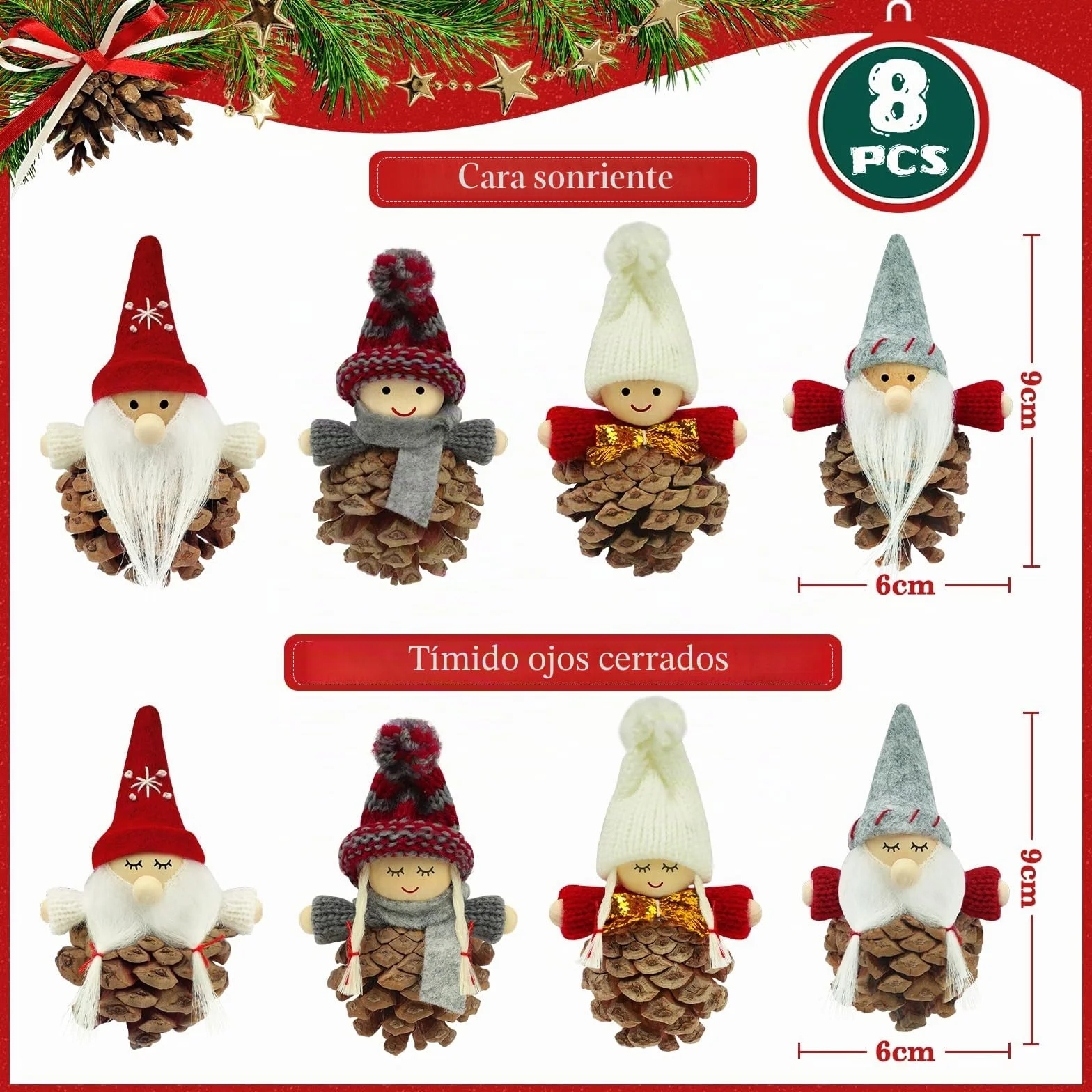 Adornos Navidad Madera 8 Piezas Elfo Gnomos Piñas Navideños Papa Noel Decoracion