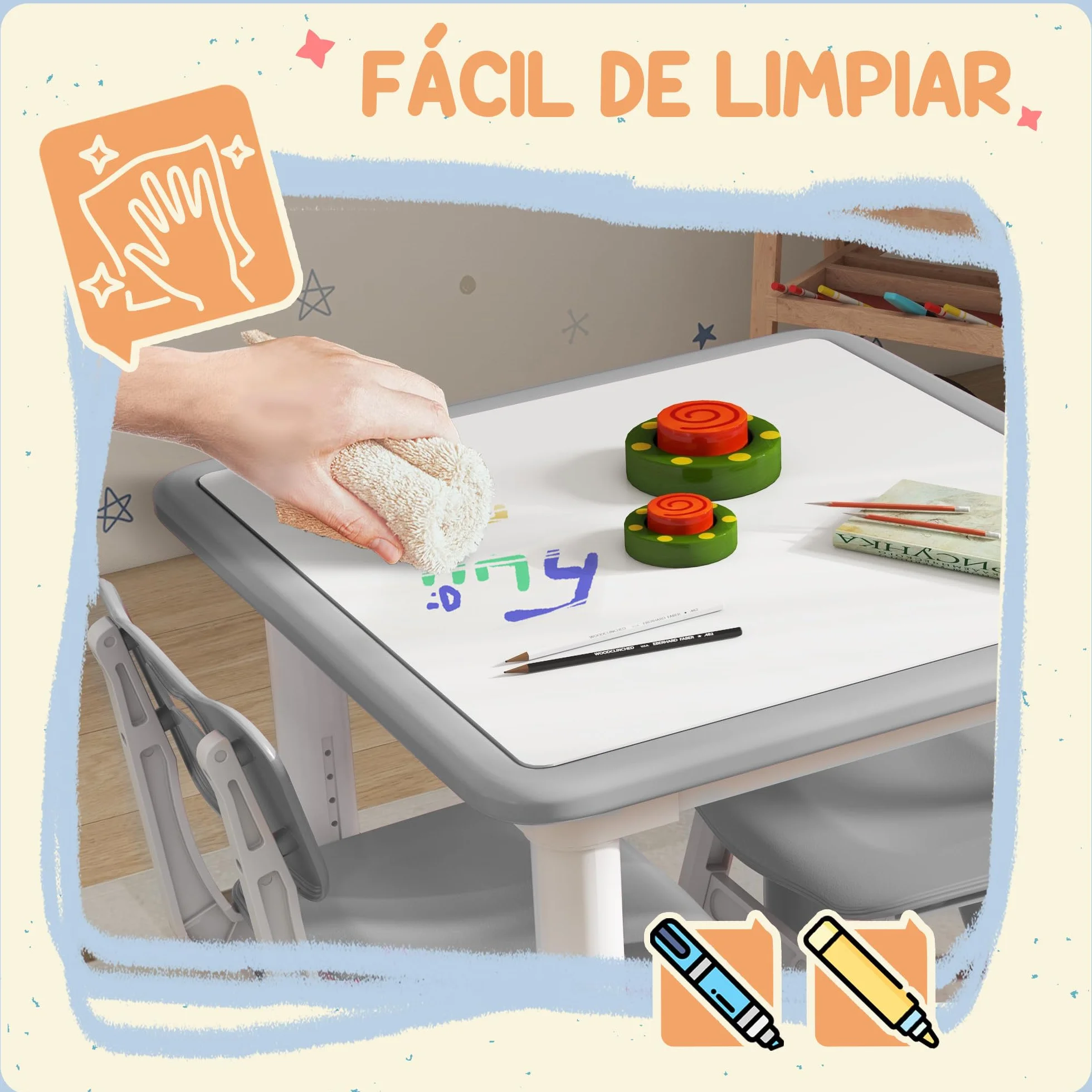 AIYAPLAY Mesa y Sillas Infantiles de 3 Piezas Altura Ajustable para Niños 18 Meses-5 Años Blanco y Gris