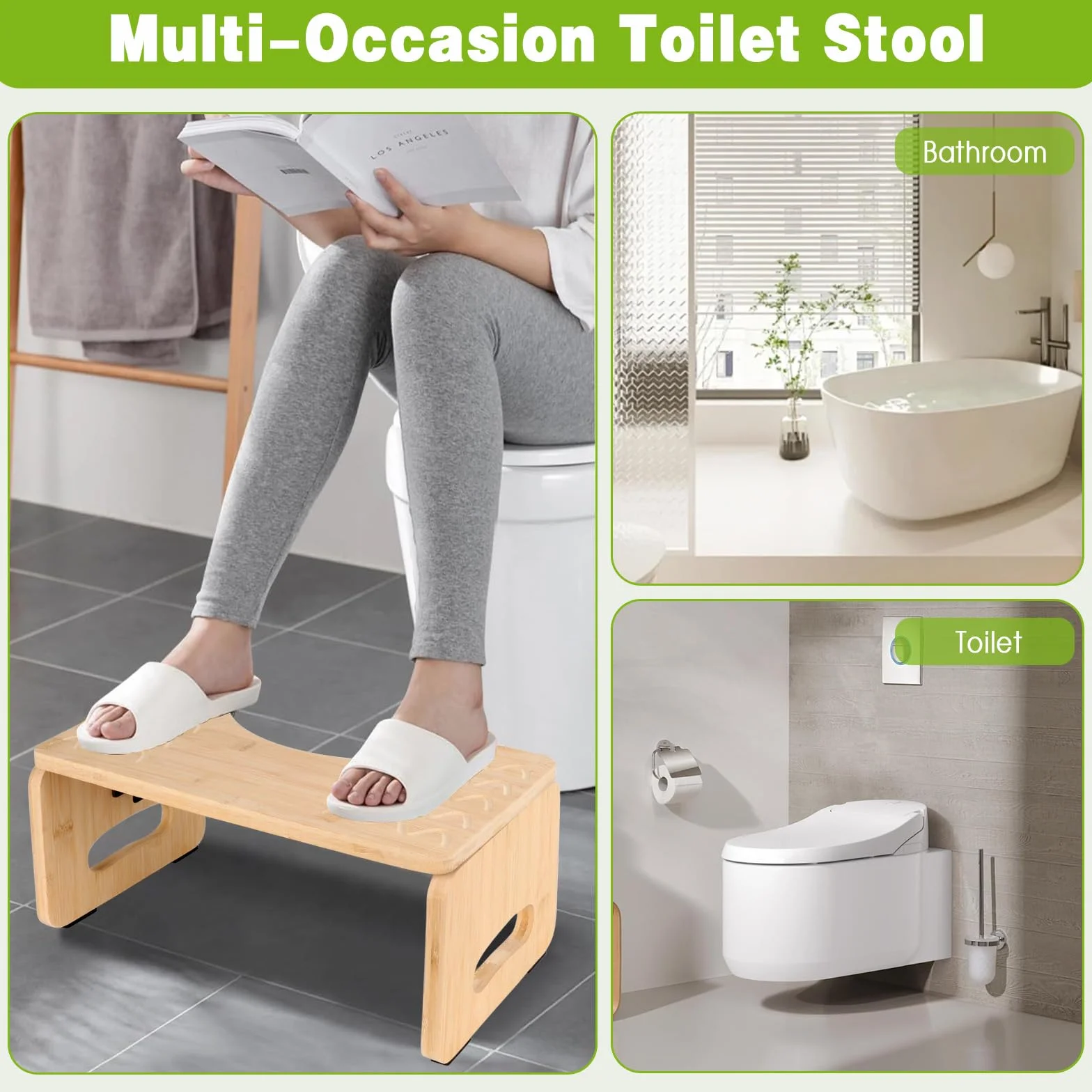 Taburete Inodoro de Bambú Plegable con Almohadillas Antideslizantes