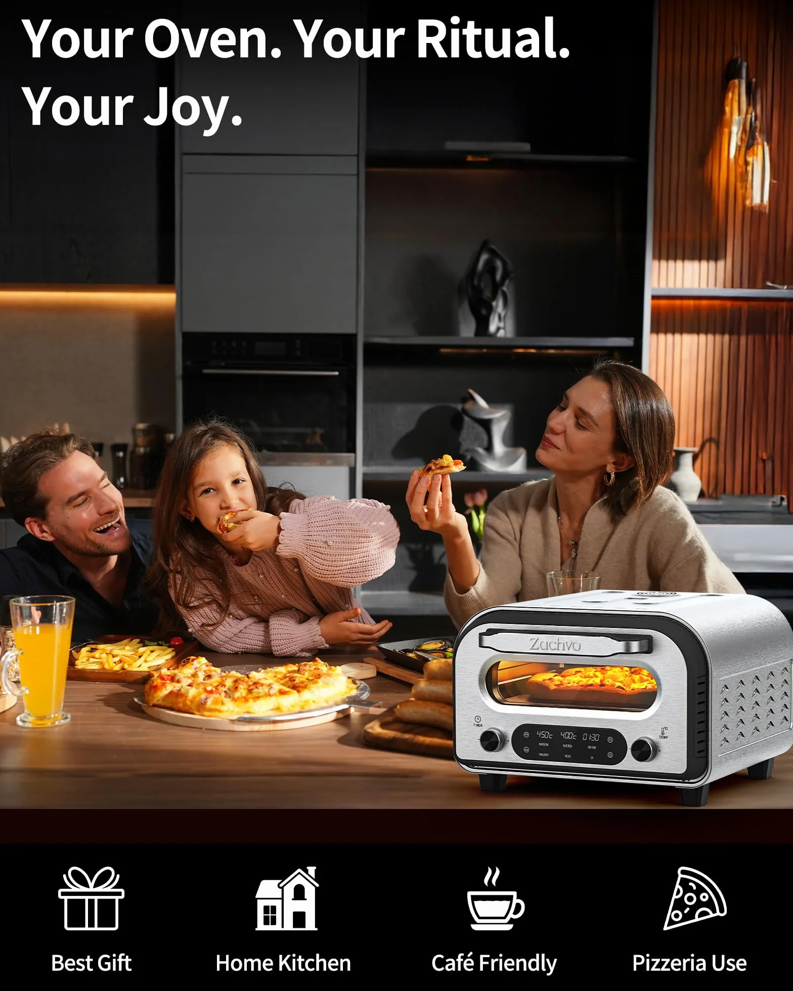 Horno Eléctrico para Pizza 450°C 5 Programas Temporizador 1-60 min Pantalla Táctil Acero Inoxidable
