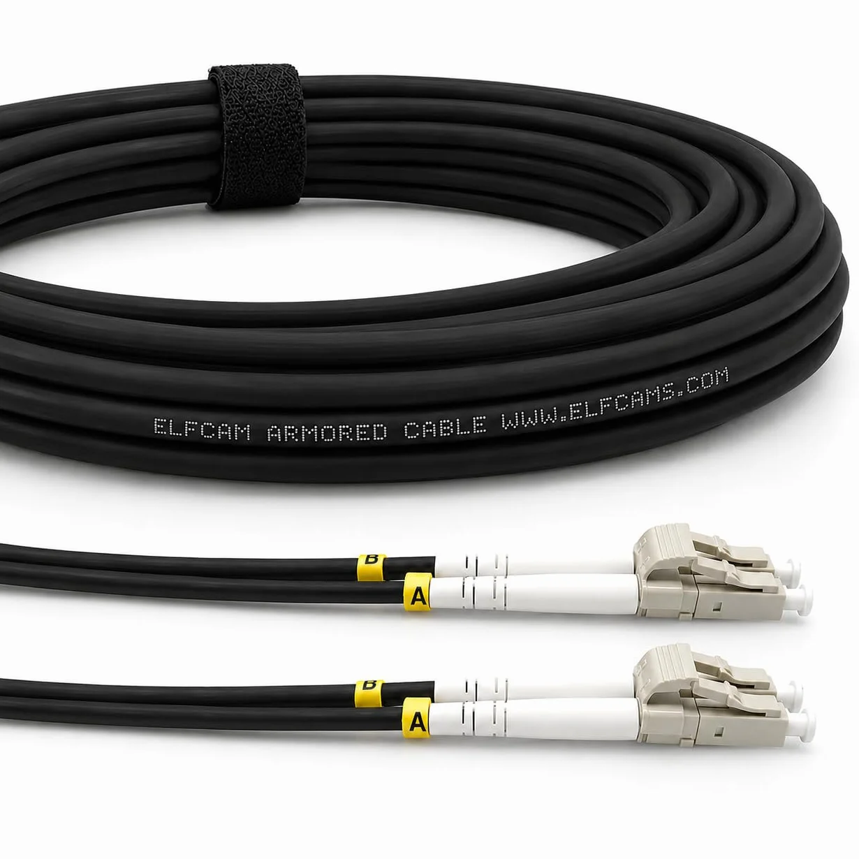 Elfcam® - Cables de Fibra Óptica Blindados LC/UPC a LC/UPC OM3 Multimodo Duplex 50/125um LSZH, para Instalaciones en Exteriores e Interiores, Negro (100M)