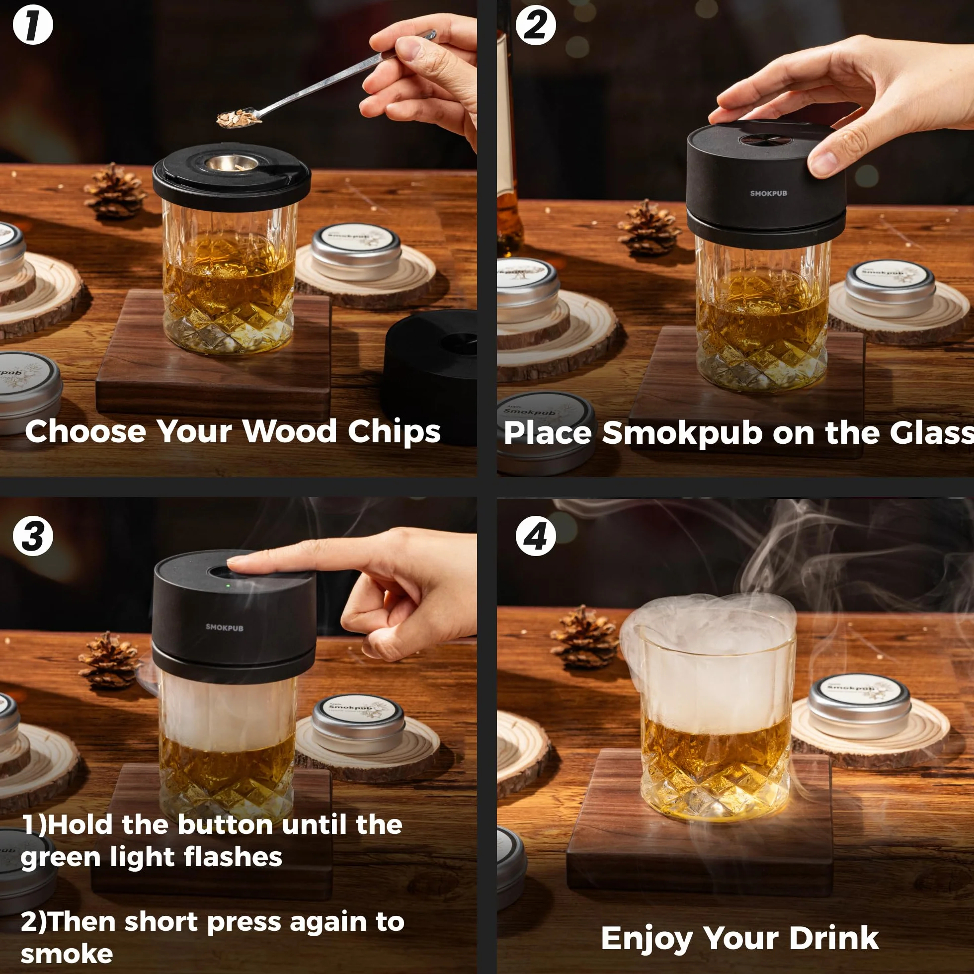SMOKPUB Kit de Ahumador Eléctrico para Whisky con 6 Chips de Madera
