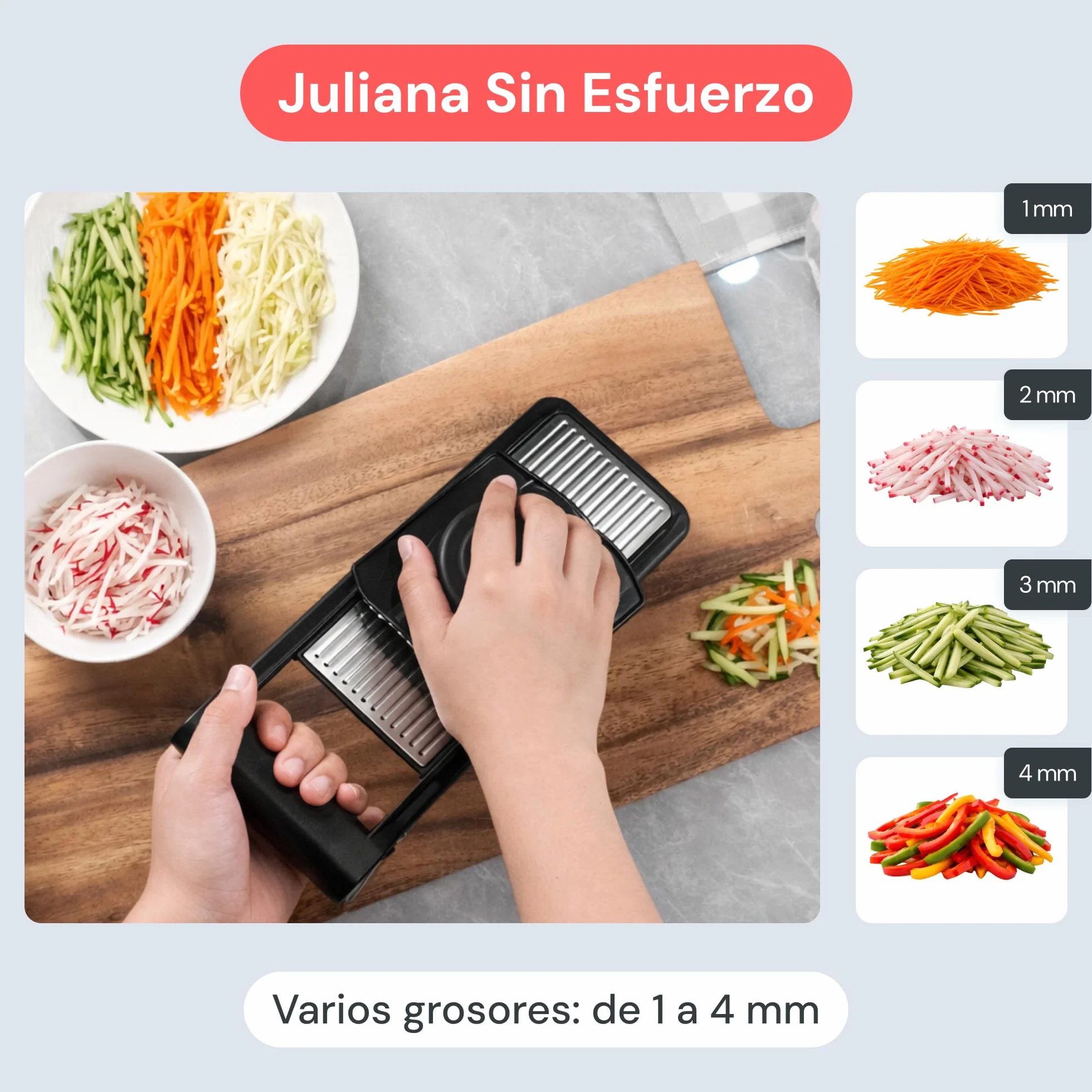 Mandolina de Cocina Profesional 2 en 1 Acero Inoxidable Grosor Ajustable 1-4 mm con Cuchilla Juliana