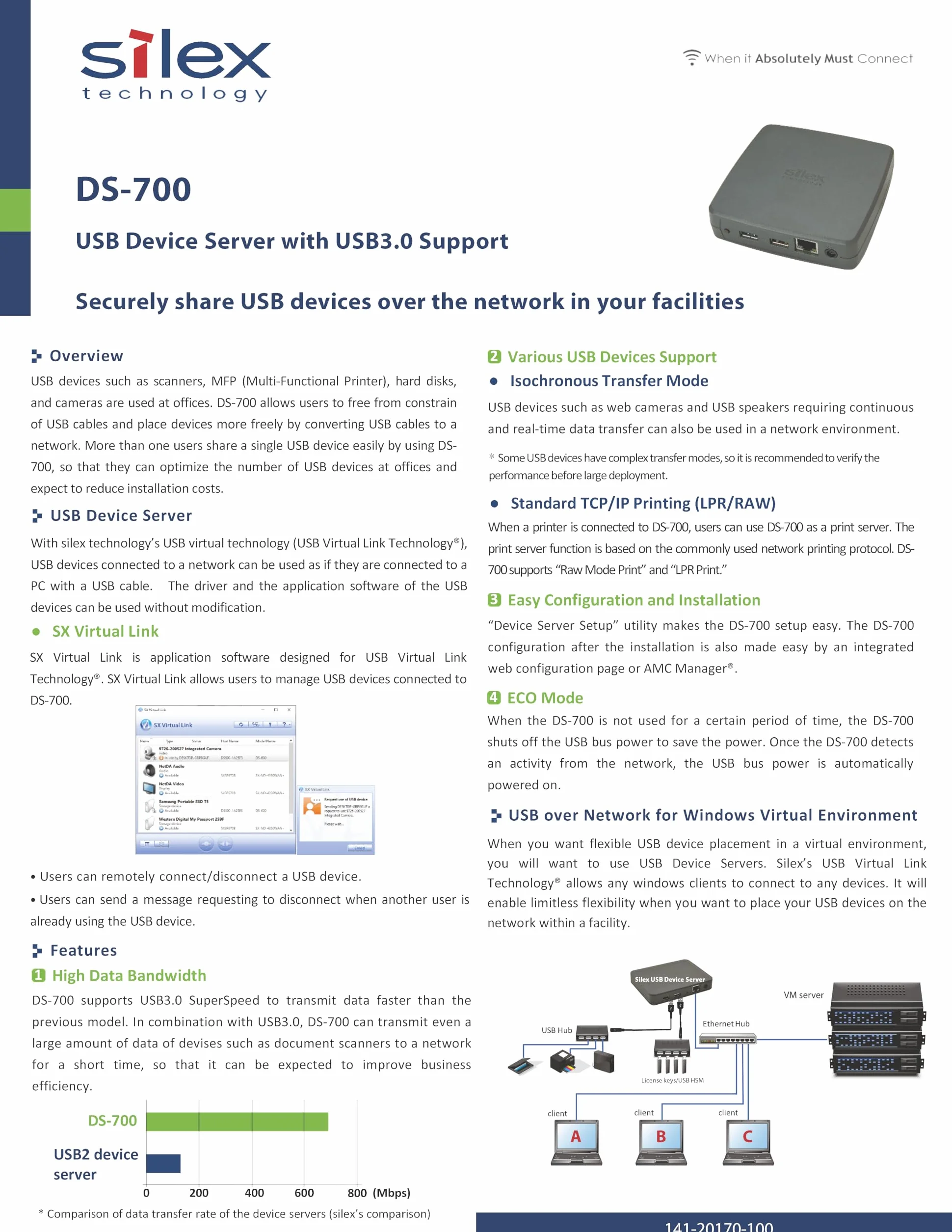 Silex Technology DS-700 Servidor de dispositivos USB 3.0 - Red USB Servidor LAN (10/100/1000 Mbps), USB 2.0 - Impresoras, escáneres, discos duros - Sucesor de DS-510