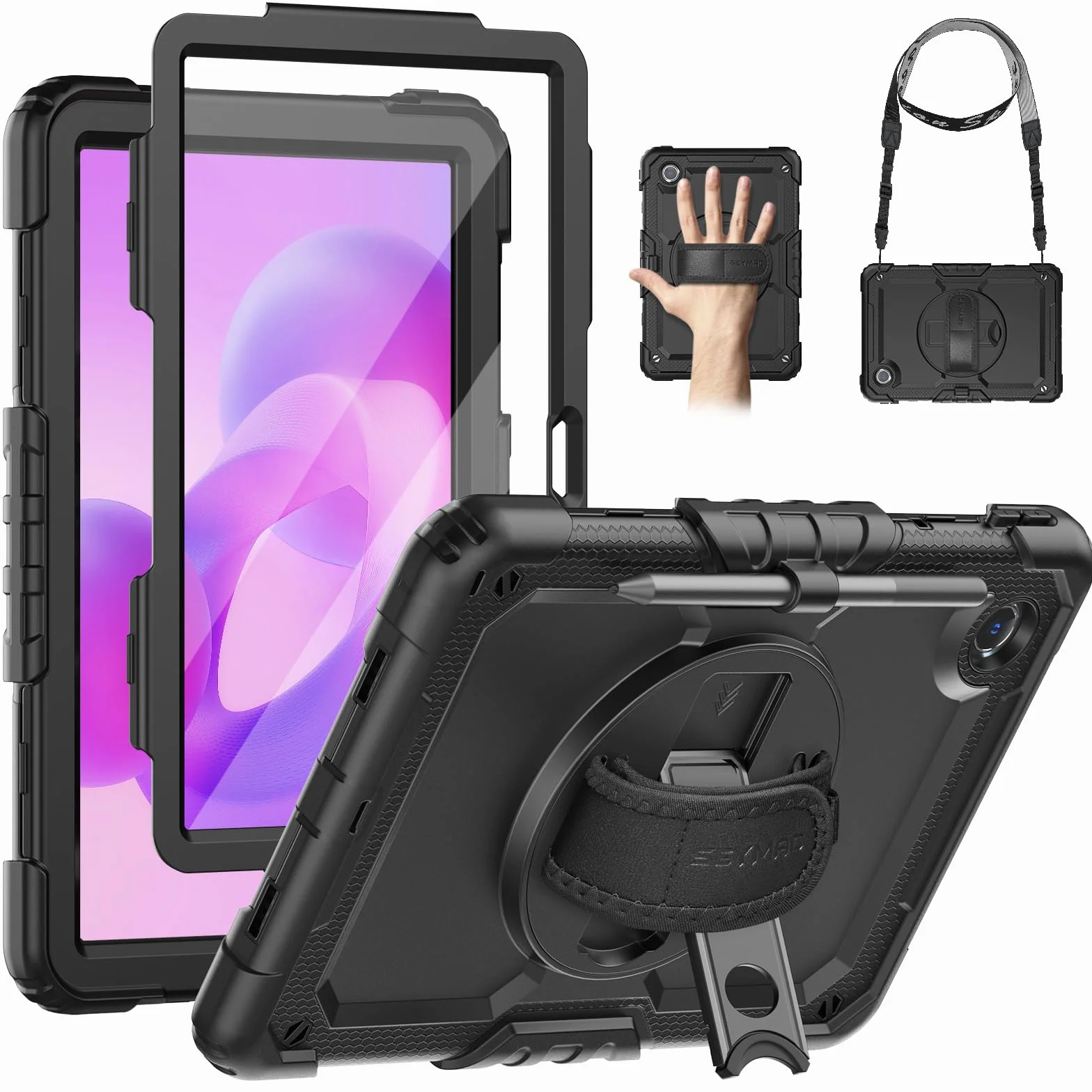 SEYMAC Funda para Lenovo Idea Tab 11 Pulgadas 2025/Tab M11/Tab K11 Gen 2, Funda para Tablet M11 a Prueba de Golpes con Protector de Pantalla, Soporte Giratorio de 360°, Correa para el Hombro, Negro