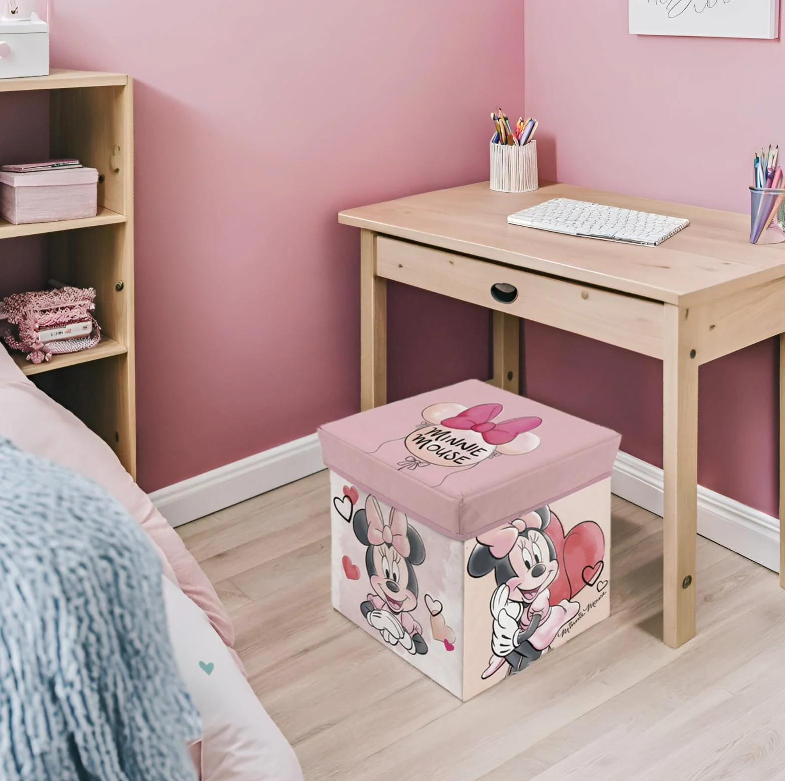 Cubo de almacenaje y asiento Minnie Mouse 30x30x30 cm Taburete infantil plegable con tapa acolchada Organizador de juguetes