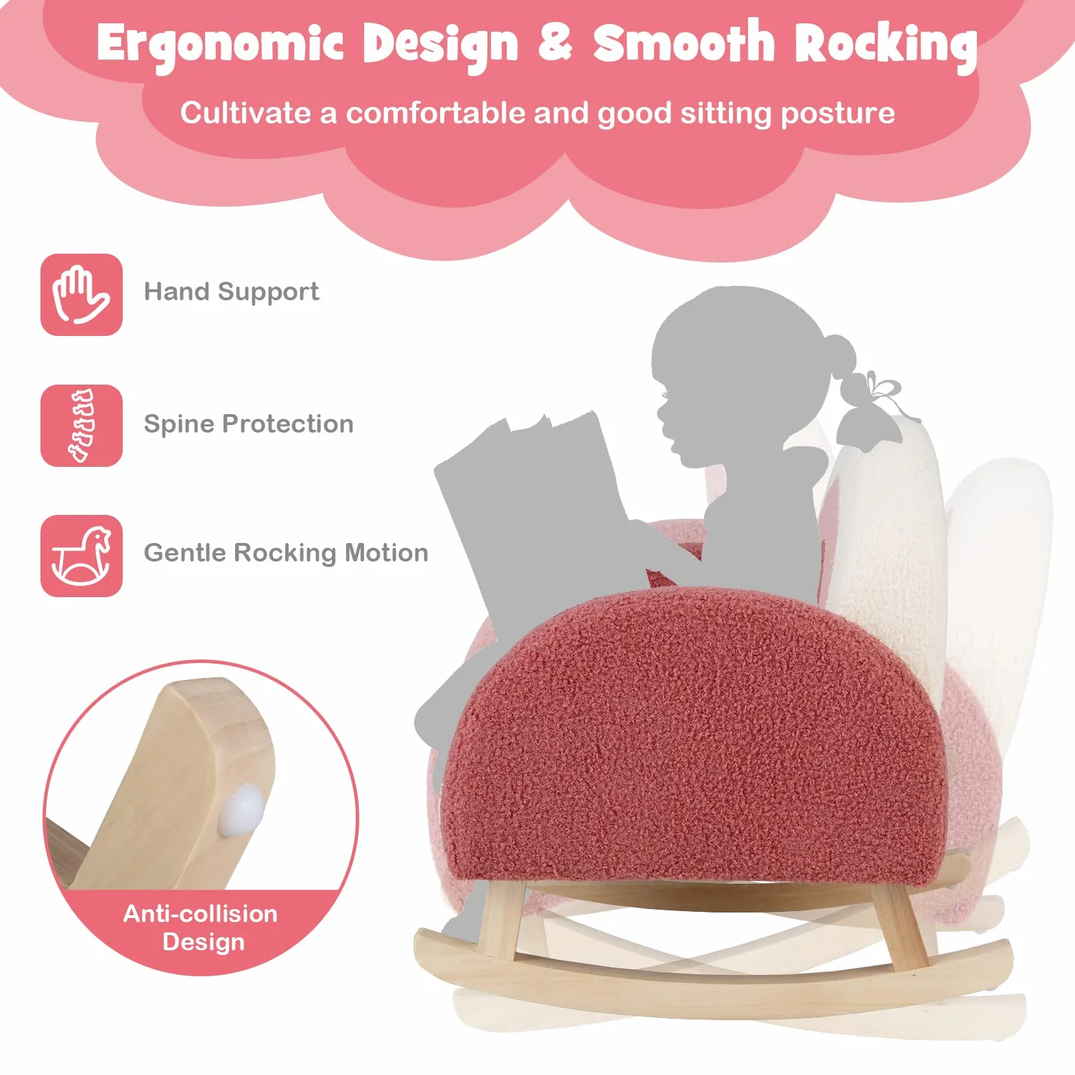 LIFEZEAL Sillón Infantil Mecedora para niños 3-5 años, Asiento Patas Madera Álamo, Antivuelco Rojo