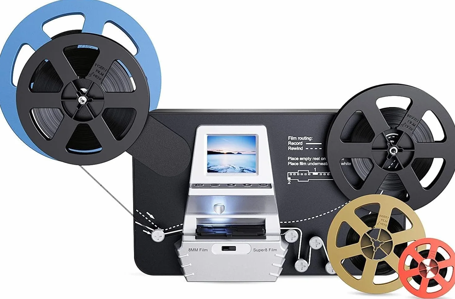 Escáner de películas Super 8/Normal 8 mm, Convert Film into Digital Video (3, 5, 7 y 9 "Rollo de película) Escáner y Digitalizador de películas con LCD de 2,4", 1080P y tarjeta SD de 32 GB