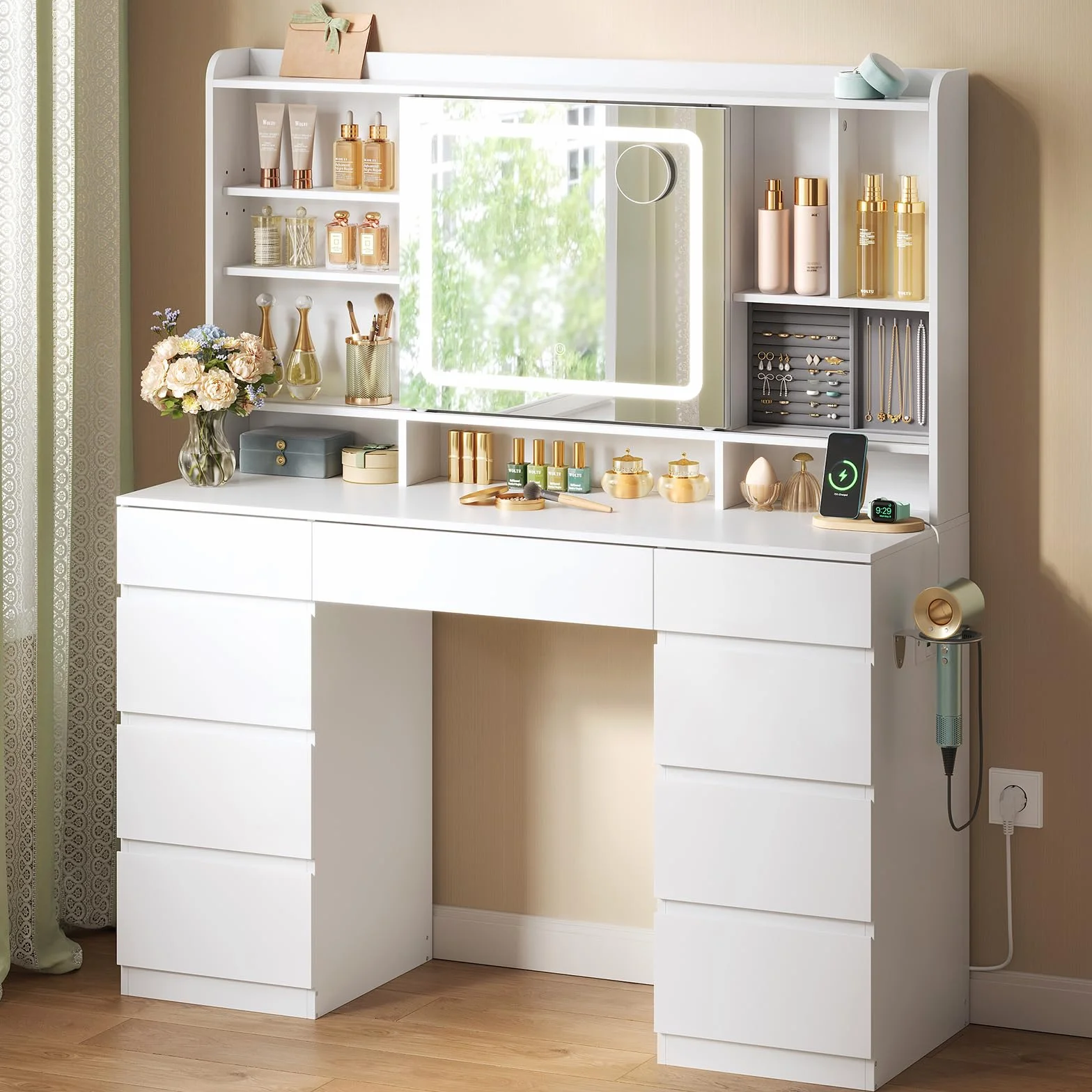 WOLTU Tocador de Maquillaje con 9 Cajones, 1 Bandeja de Joyas, Mesa Tocador Blanco con Espejo y Luz LED Ajustable, Estantes Abiertos, Estilo Moderno para Dormitorio