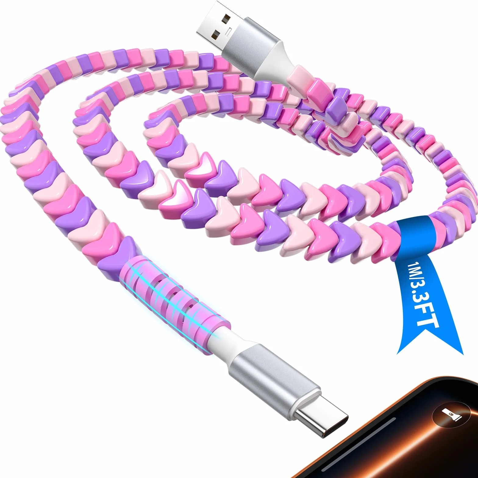 Cable USB C con cuentas de 1 m, cable de carga rápida para CarPlay, 25 W, 20 W, 18 W, 15 W, USB a tipo C, carga rápida para Samsung S25 Edge S24 FE S23 A17 para iPad A16 Pixel 9a para Moto G Stylus