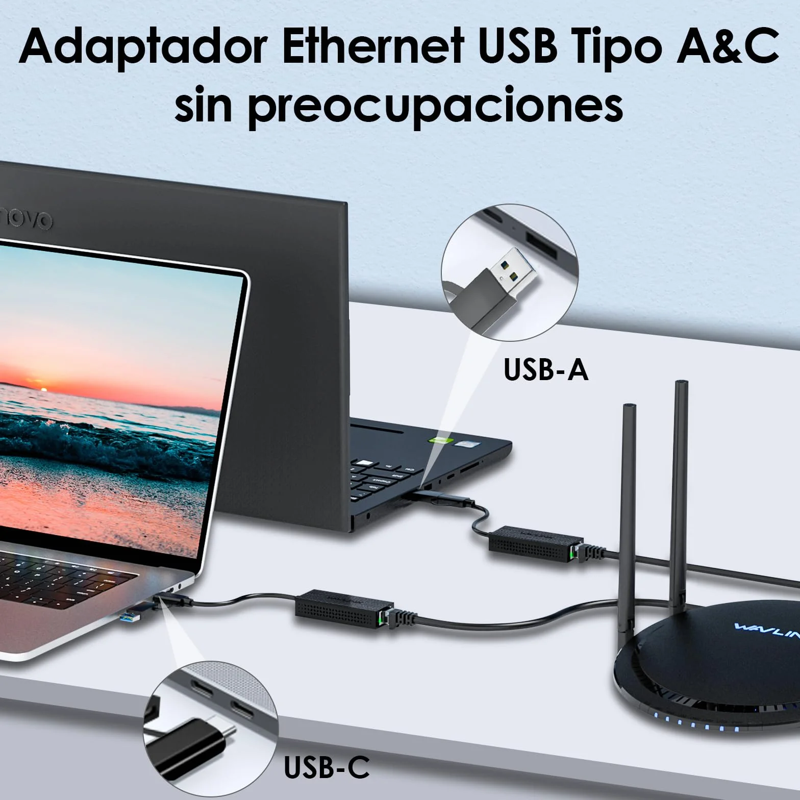 WAVLINK Adaptador USB C a Ethernet, Adaptador 2.5G USB LAN, Compatible con Ordenador portátil, PC con Windows 7/8/10, XP, Vista, Mac OS 10.6 o Superior