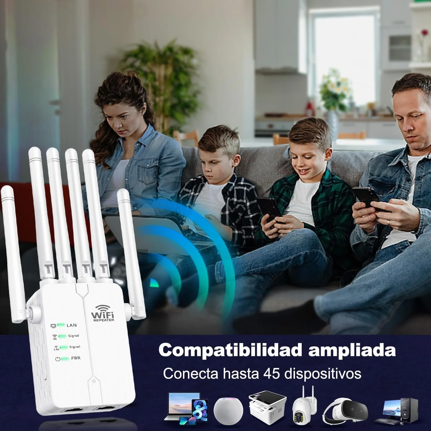 Repetidor WiFi,Amplificador señal WiFi Potente,6 Antenas,2 Puertos LAN,Cobertura Total de 360°,Cobertura de hasta 11800Sq.Ft,repetidor WiFi Largo Alcanc,para oficinas y hogares,Easy Set up