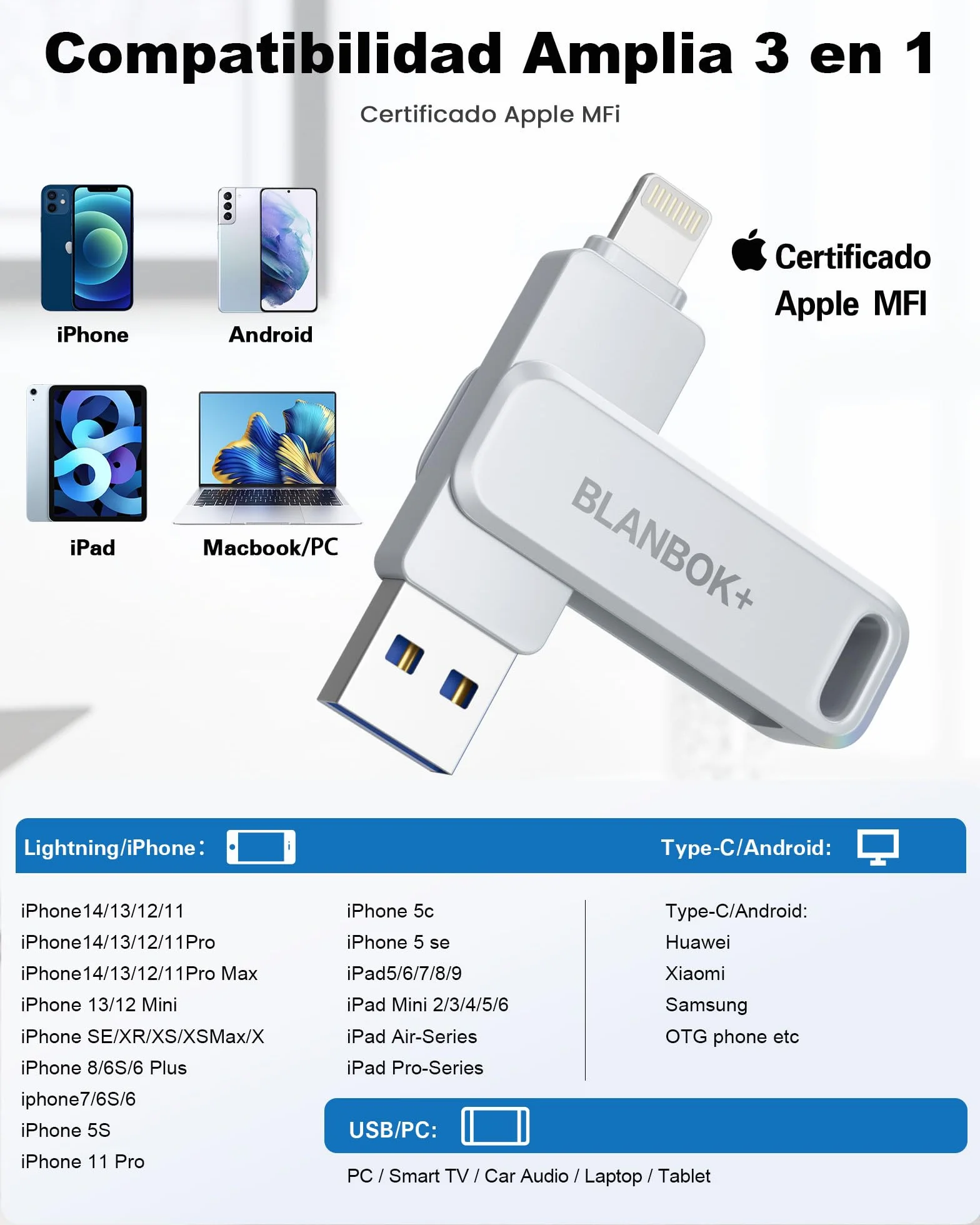 128GB Pendrive para iPhone, Certificación MFI,Pendrive para Phone Pen Drive 3 en 1 Memoria USB con Adaptador Tipo C Externa Photo Stick para iOS, Phone/Pad/Mac/PC/Android