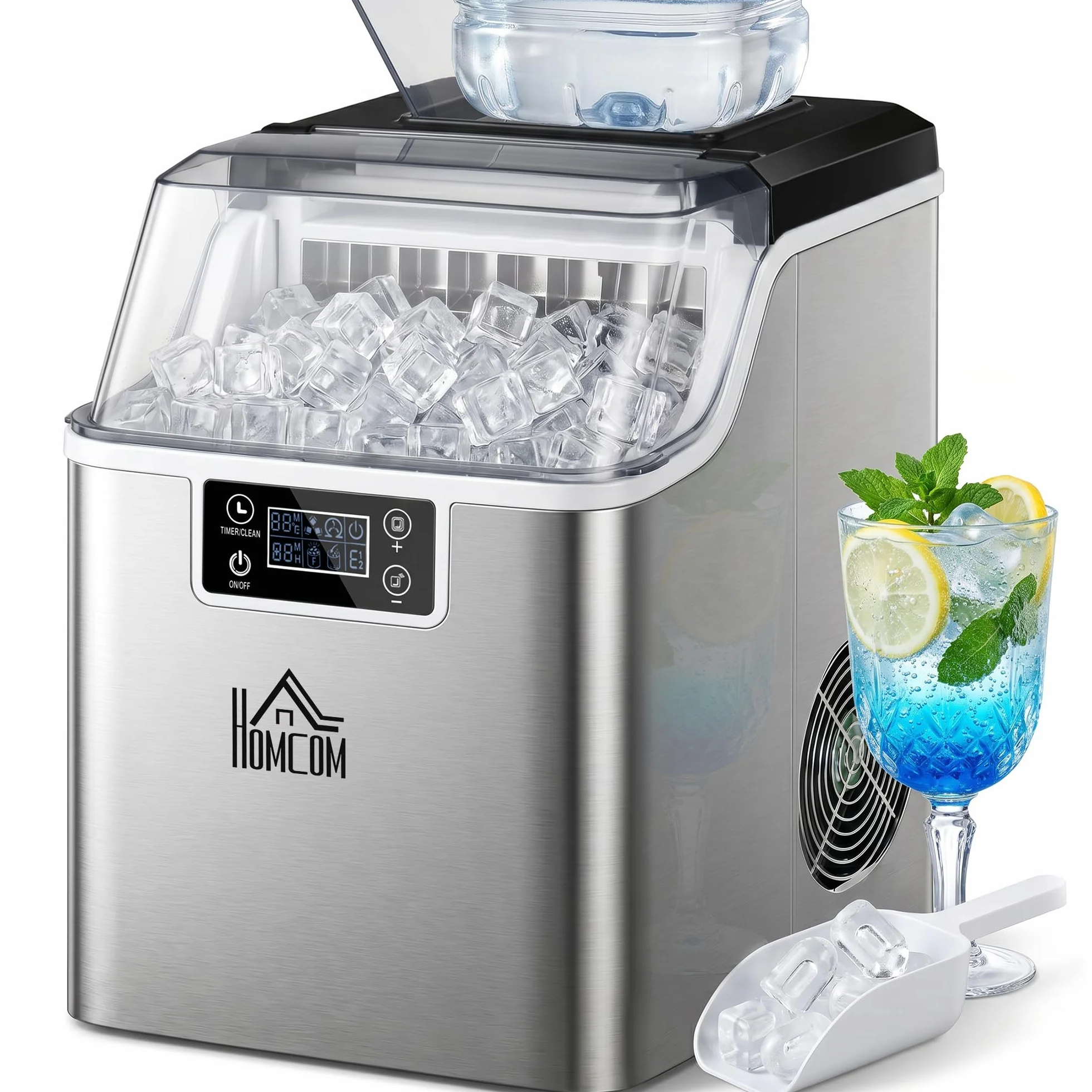 HOMCOM Máquina de hielo acero inoxidable 24 cubitos 14-18 min 20 kg/24h 3,2 L autolimpiable cocina