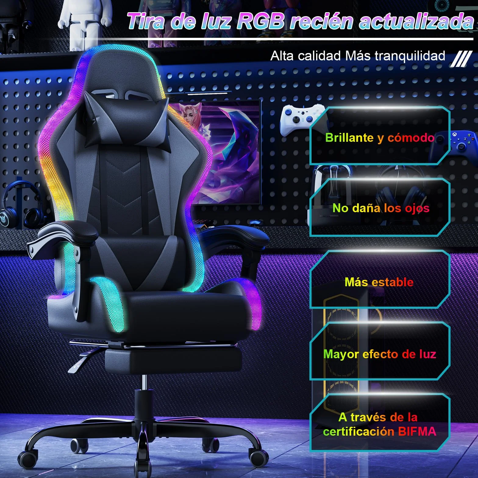 Devoko Silla Gaming con Masajeador y LED Ergonómica Oficina Reposapiés Iluminación RGB (Gray)